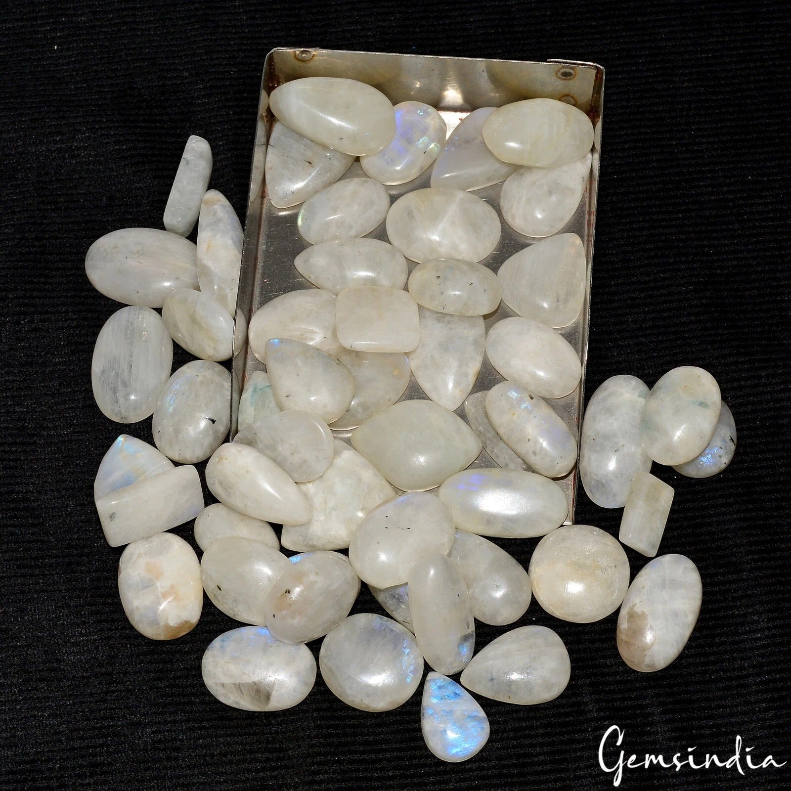 1050 Cts/52 Pcs Natural Untreated Blue Shine Moonstone Mixed Cab Loose Gems Lot