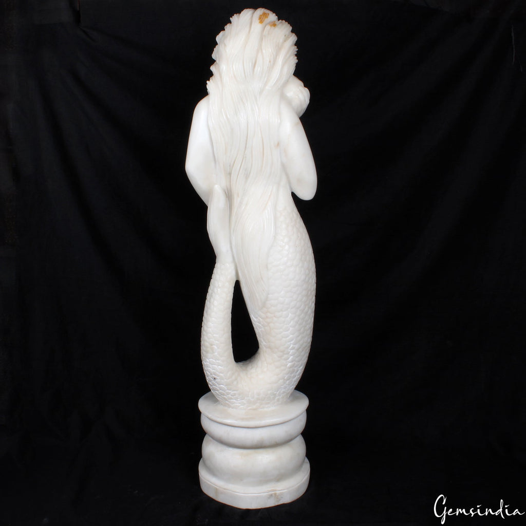 Mermaid Statue X-Large 33.7" White Marble Sculpture Handmade Home/Porch Decor