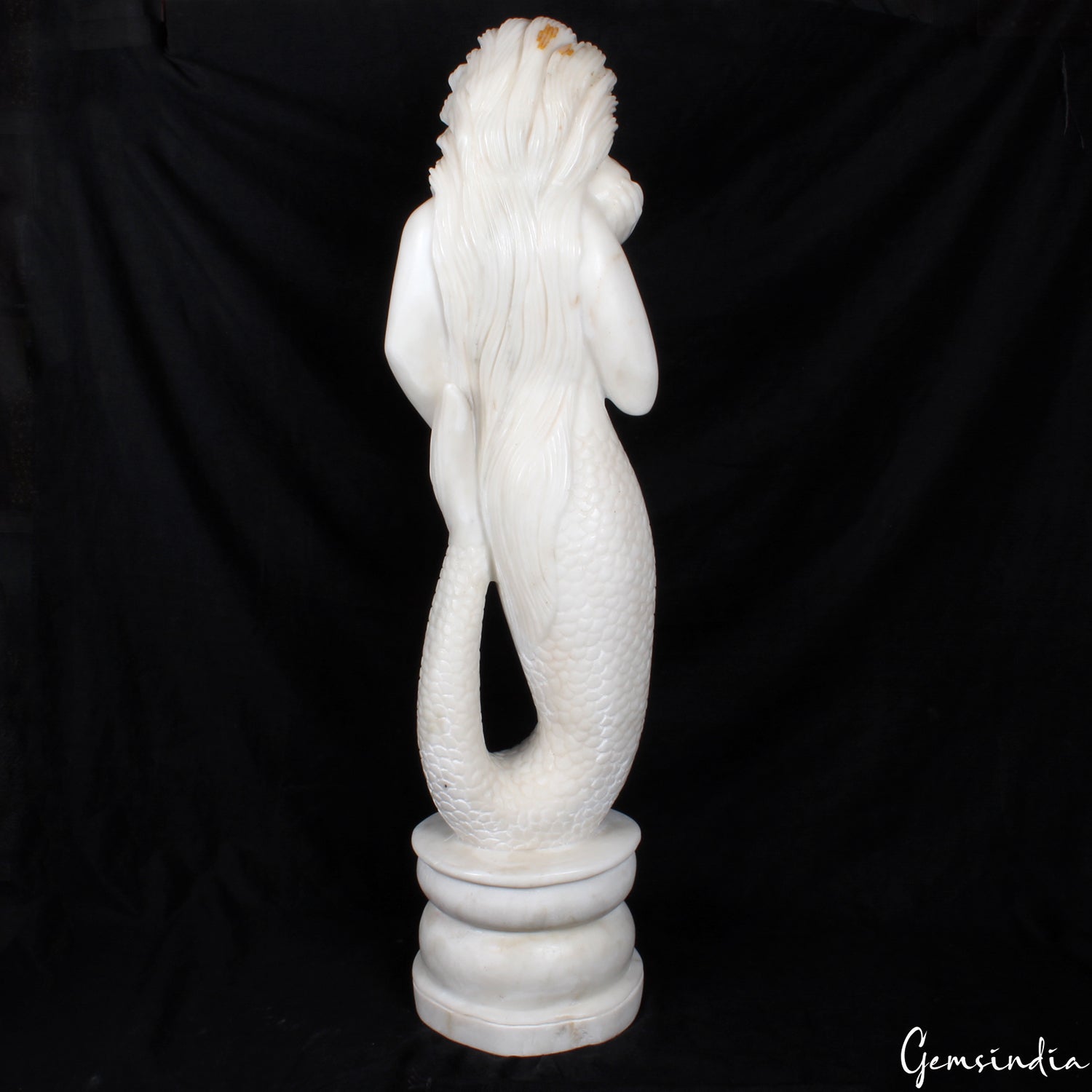 Mermaid Statue X-Large 33.7" White Marble Sculpture Handmade Home/Porch Decor