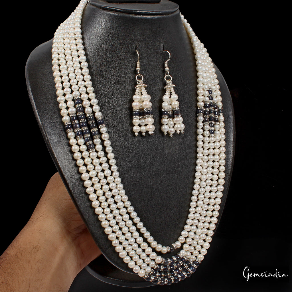 800 Ct Pearl & Sapphire Beaded Handmade 5 Strand Necklace Jewelry With Earrings
