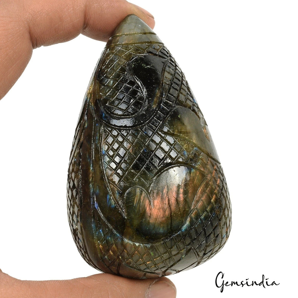 1400 Ct Natural Labradorite Peach Blue Shine Pear Drop Hand Carved Huge Gemstone