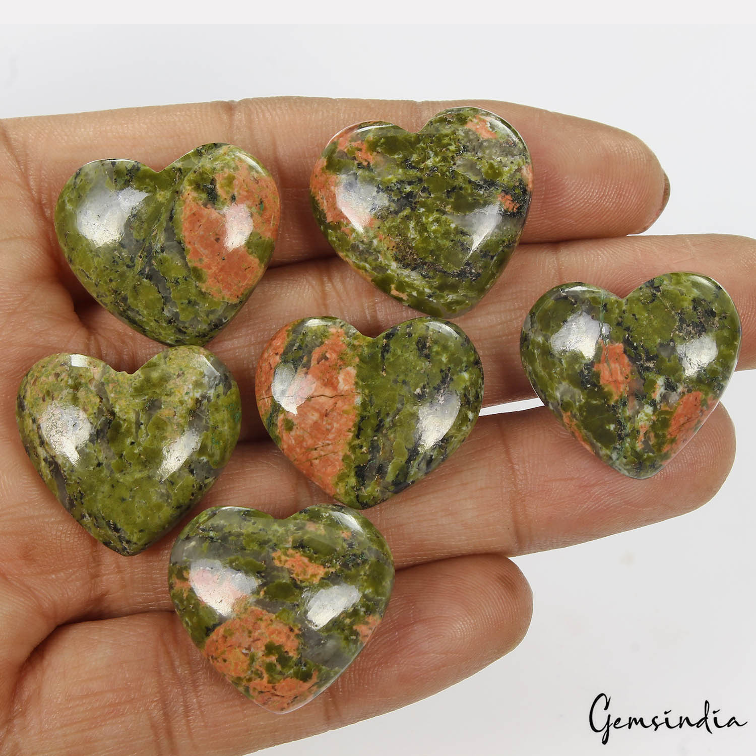 294.50 Cts/6 Pcs Natural Untreated Bi-Color Unakite Jasper Heart Cab Gems Lot