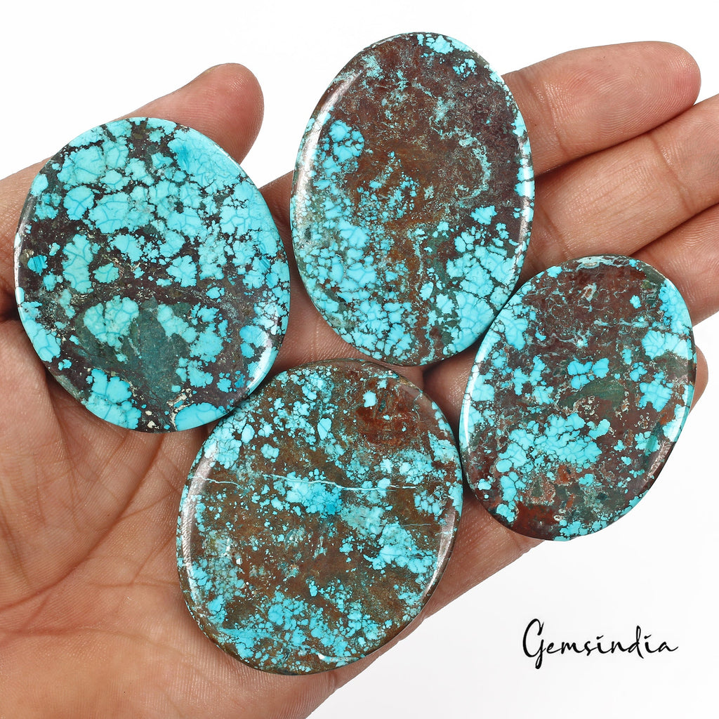 500 Cts/4 Pcs Natural Spiderweb Blue Turquoise Oval Cab Loose Gems For Pendants