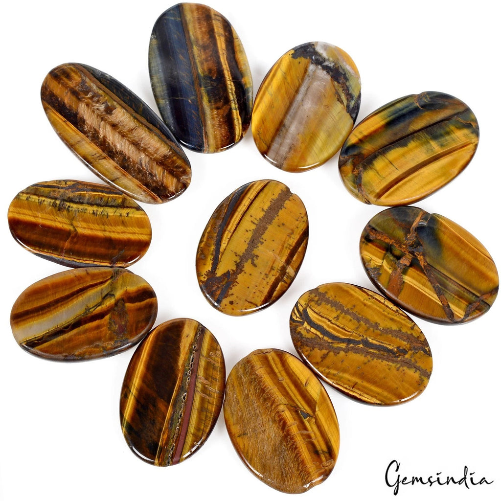 Tiger Eye Lot, Cabochon, Untreated, Yellow — 10 Pieces, 34mm to 45mm, 580 Ct, Madagascar