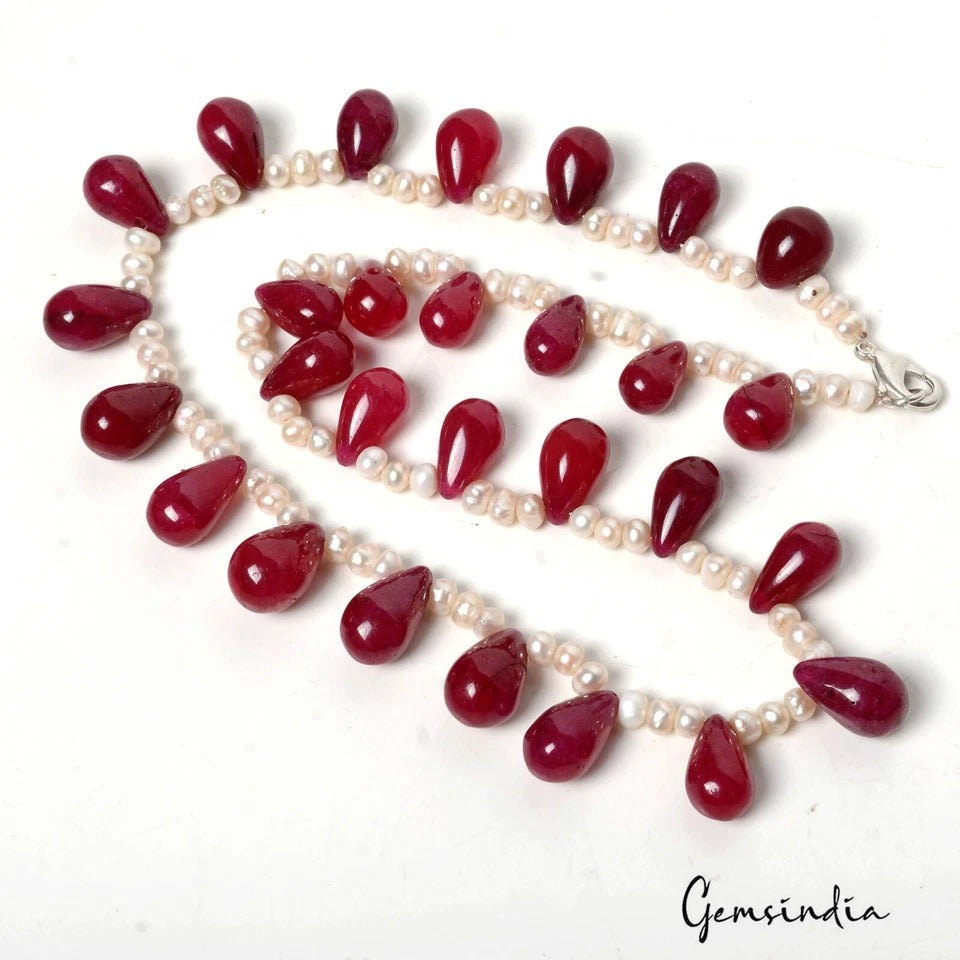 340 Ct Natural Pearl & Red Quartz Beads Handmade Necklace Jewelry for Women 19"