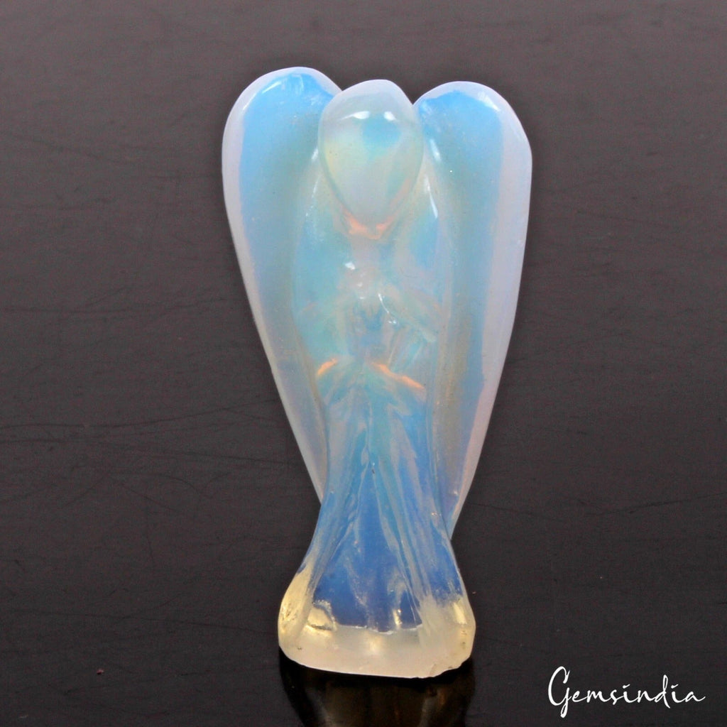 110 Cts Hydro Lab-Created Blue Shine Opal Carved Mini Angel Packet Statue 2”