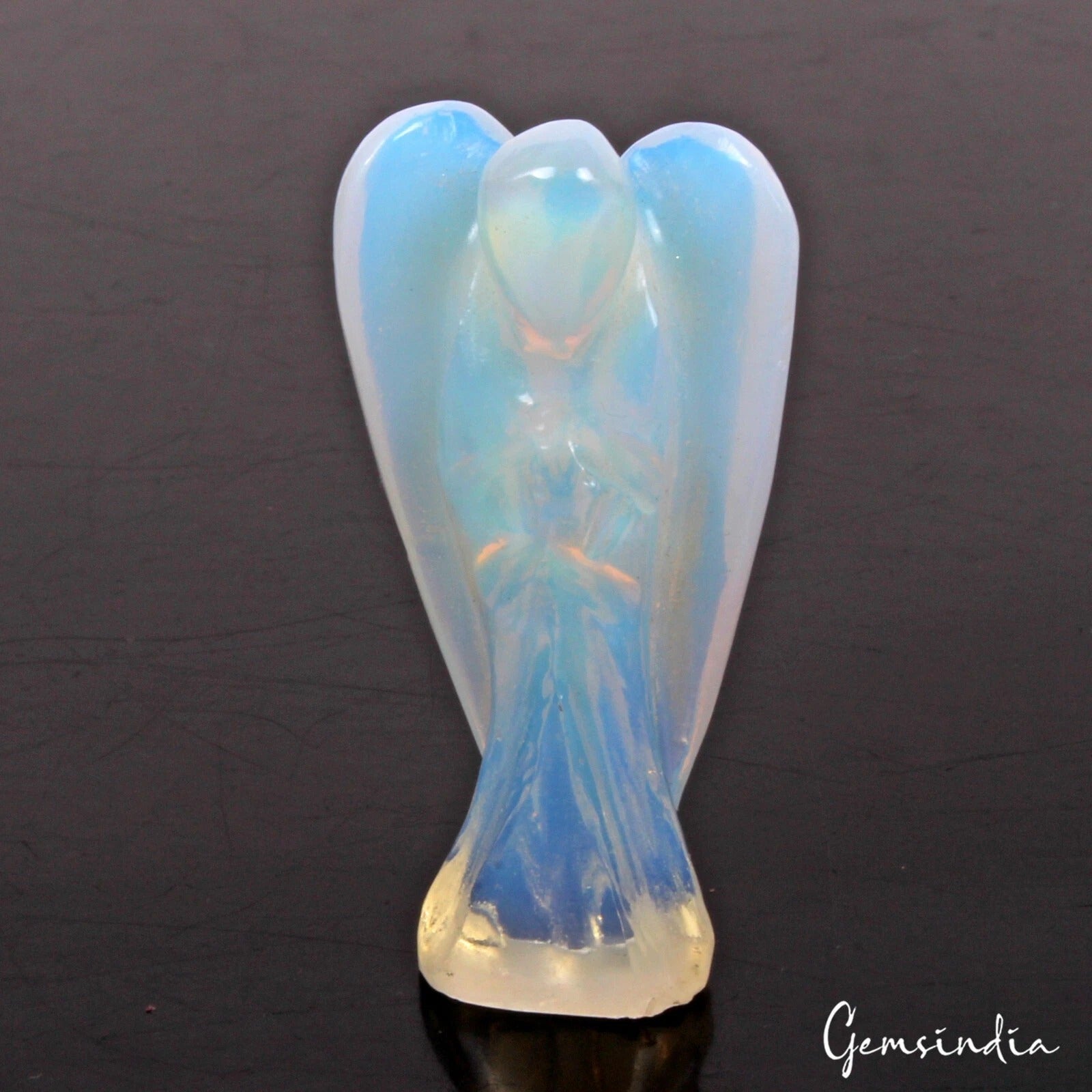 110 Cts Hydro Lab-Created Blue Shine Opal Carved Mini Angel Packet Statue 2”