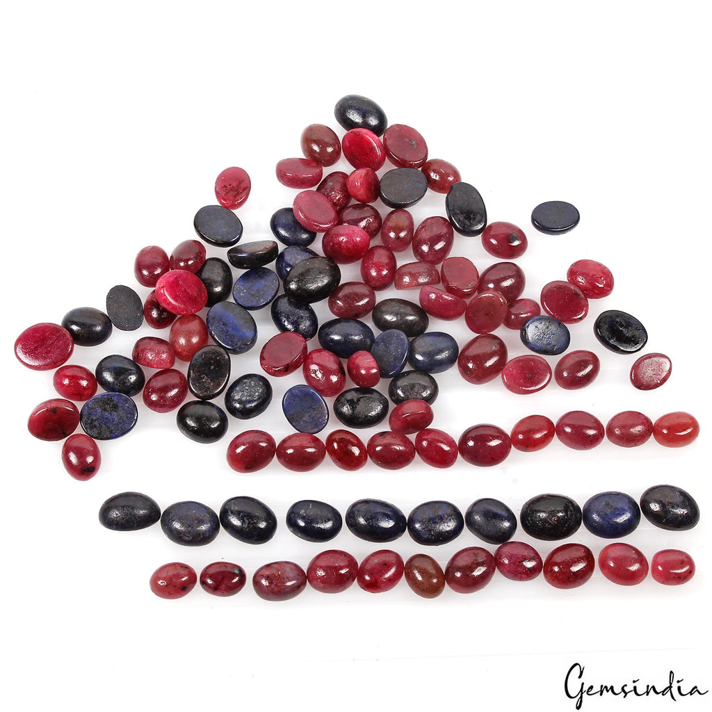 Certified 450 Cts/100 Pcs Natural Red Ruby Blue Sapphire Oval Cab Jewelry Gems