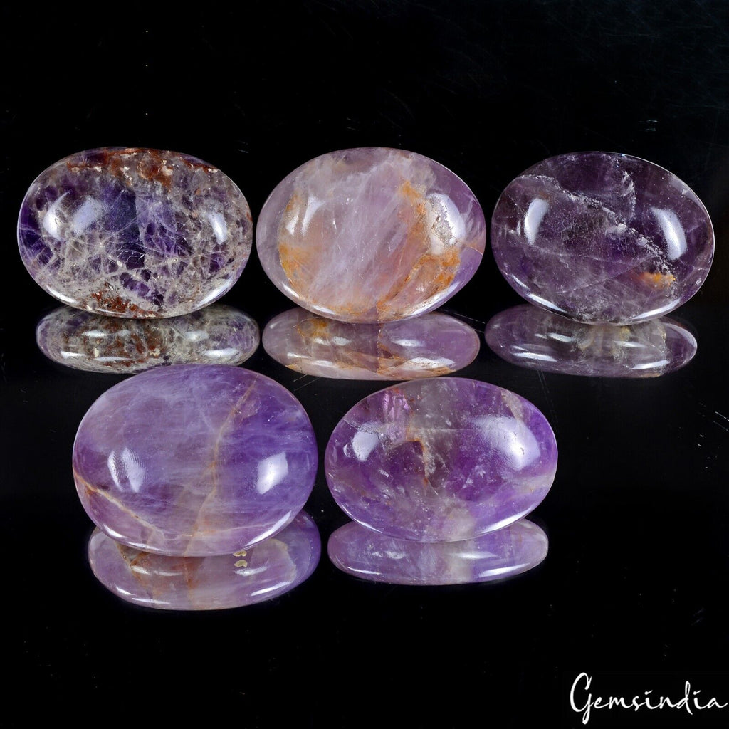 2120 Ct/5 Pcs Natural Amethyst Quartz Polished Palm Stone Decor Reiki Healing