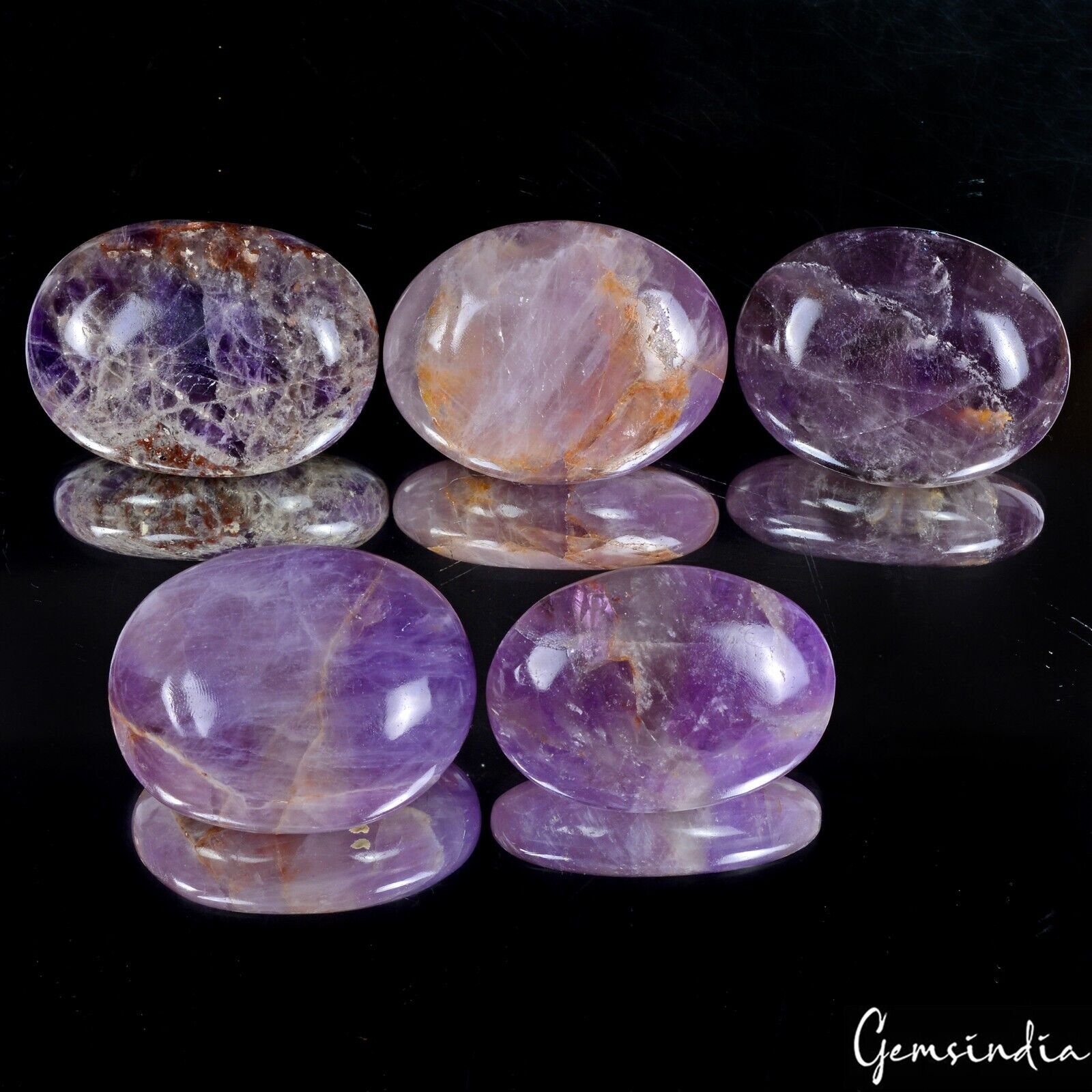 2120 Ct/5 Pcs Natural Amethyst Quartz Polished Palm Stone Decor Reiki Healing