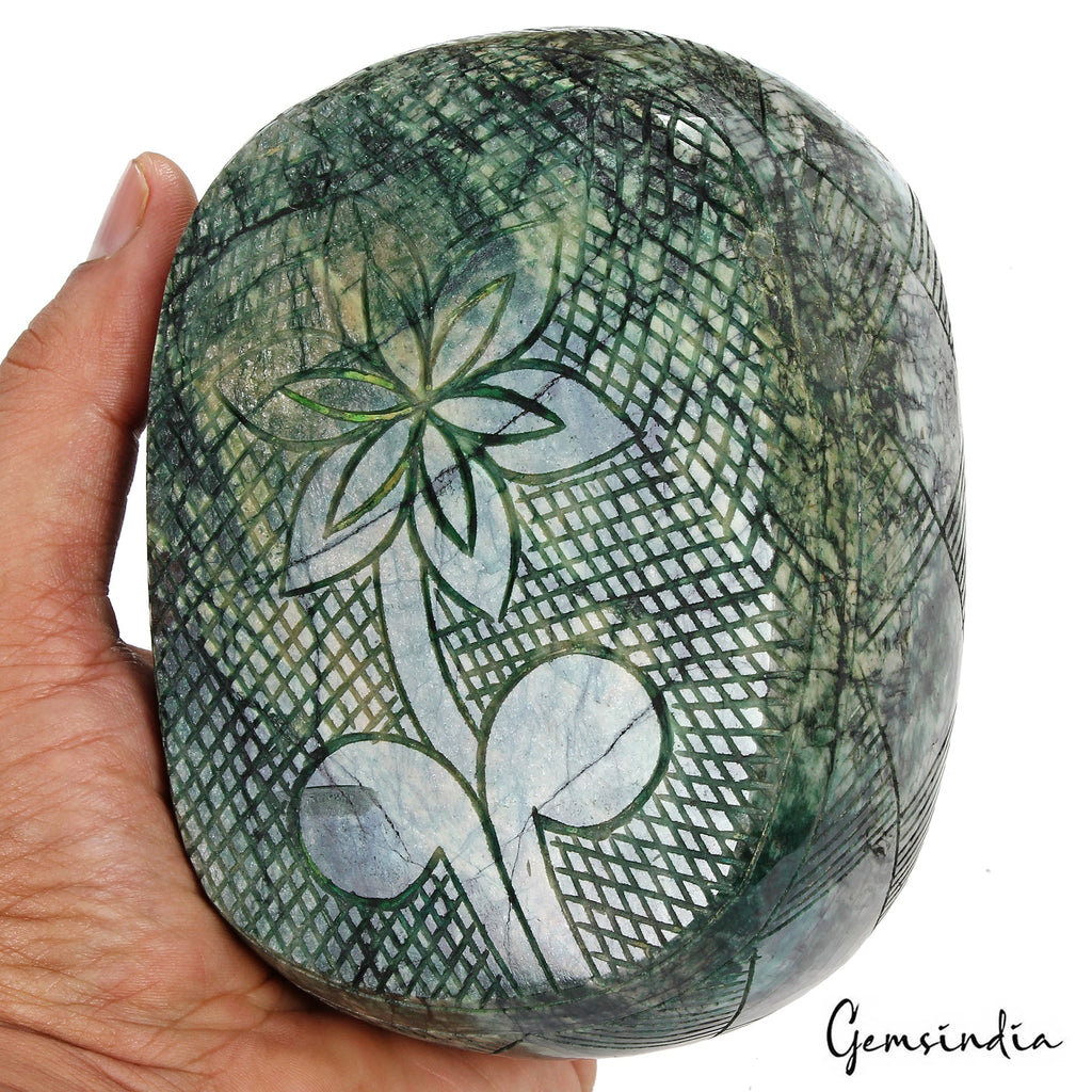 7200 Ct Natural Green Brazilian Emerald Oval Carving Museum Size Loose Gemstone
