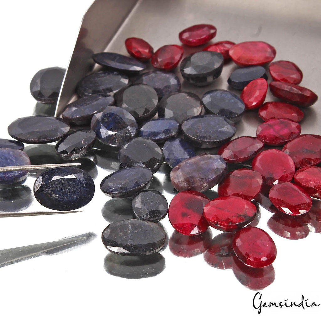 500 Ct/44 Pcs Natural Red Ruby Blue Sapphire Oval Cut Loose Gems Lot For Jewelry