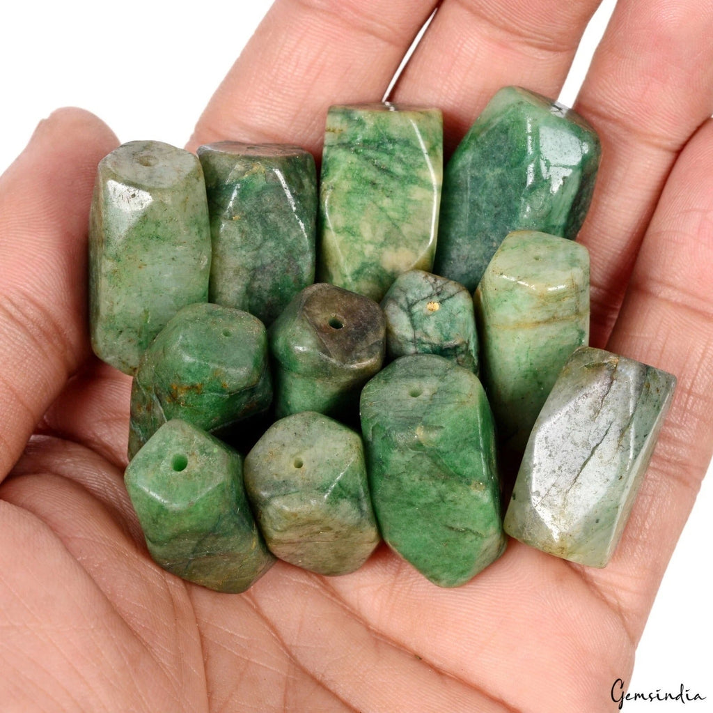 560 Cts/12 Pcs Natural Brazilian Green Emerald Nuggets Cut Drilled Bead Gems Lot