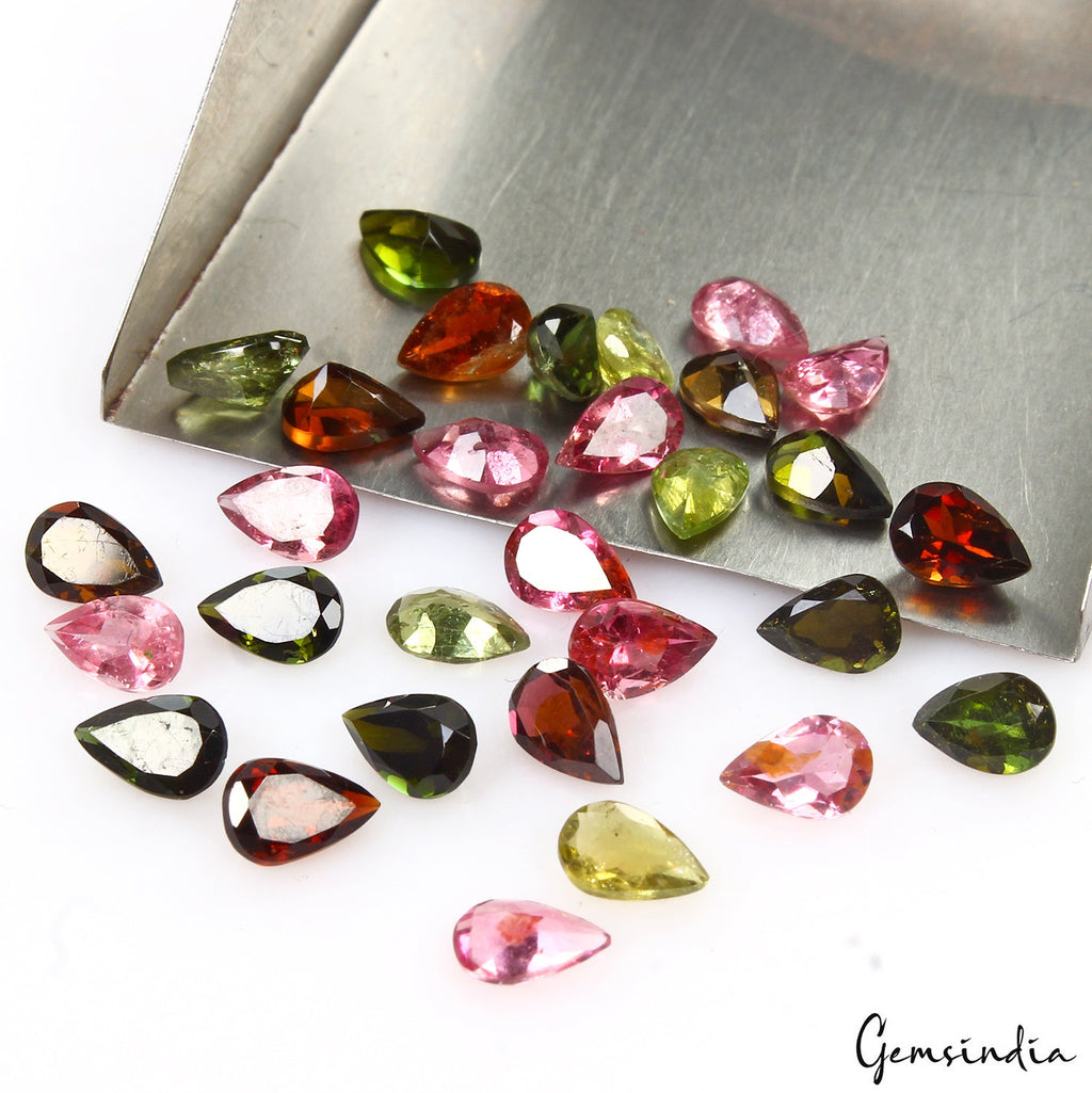 30 Pcs Natural Tourmaline Multi Color 6x4mm Loose Pear Cut Mozambique Gemstones