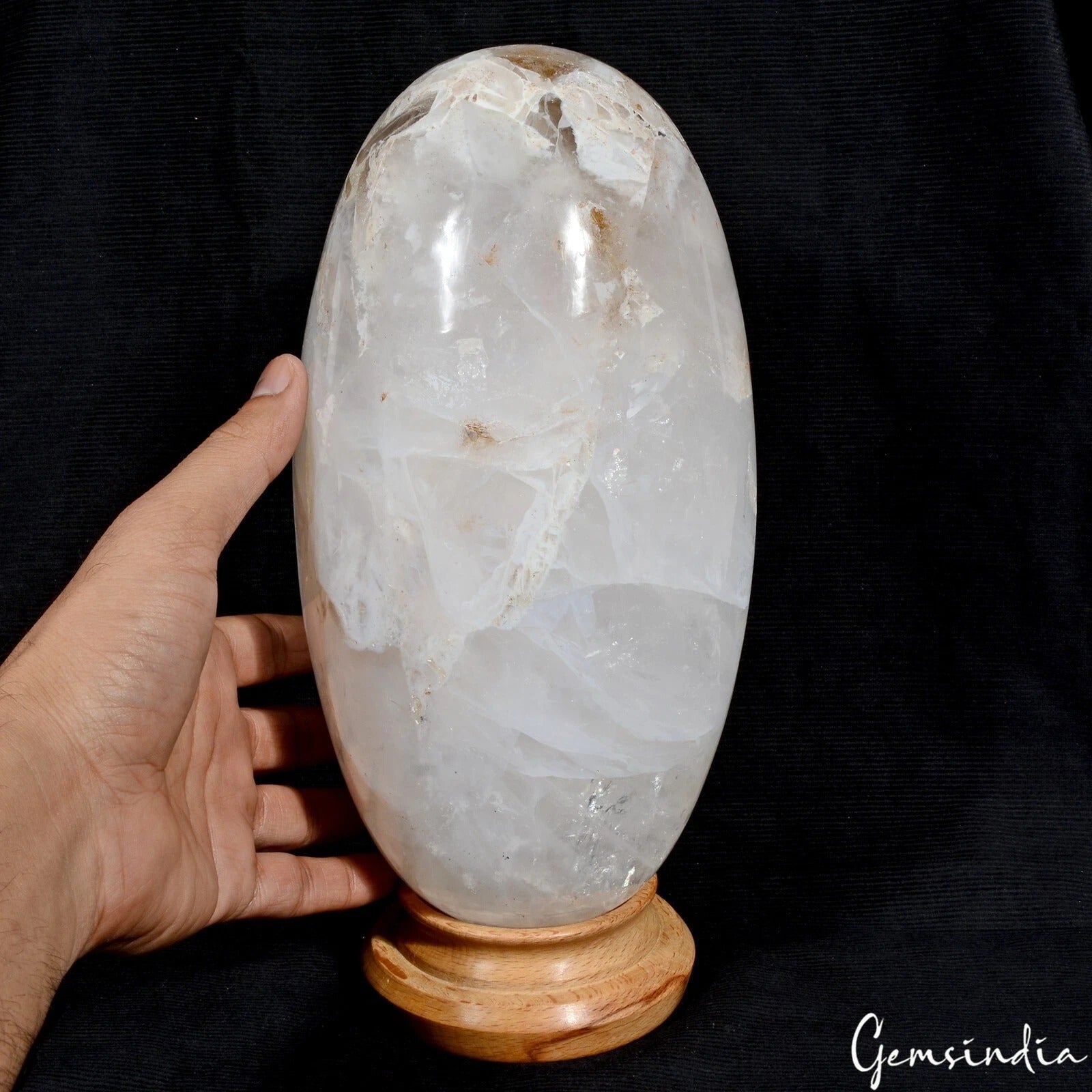 Large 9.75 inch White Quartz Crystal Lingam Handmade Oval Home Office Decorative