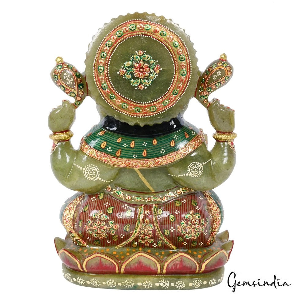 5.1 Kg Natural Aventurine Singlestone Carved Lord Ganesha Gold Paint Sculpture