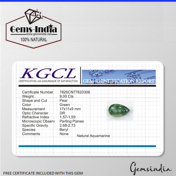 Certified 9.00 Ct Natural Santa Maria Green Aquamarine Pear Loose Untreated Gem