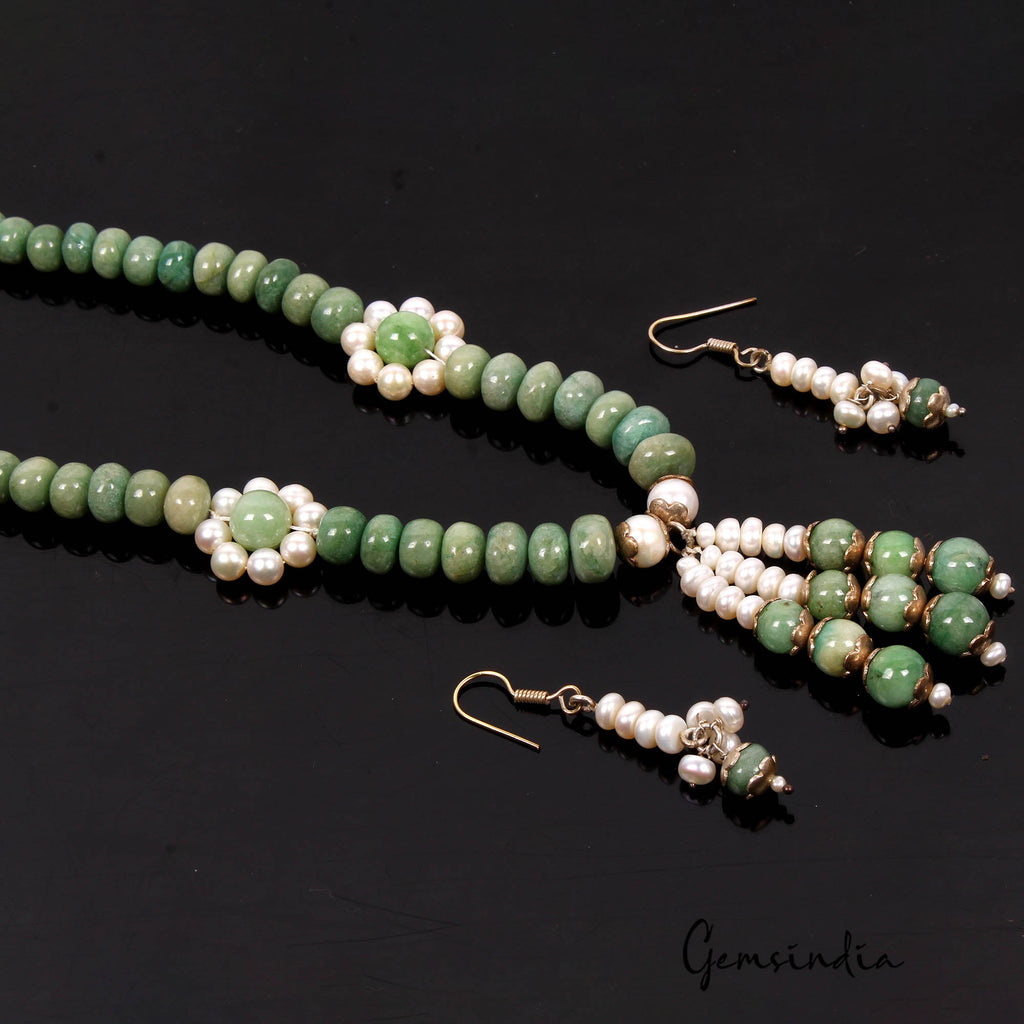 433 Cts Natural Green Emerald Freshwater Pearl Round Beaded Handmade Jewelry Set