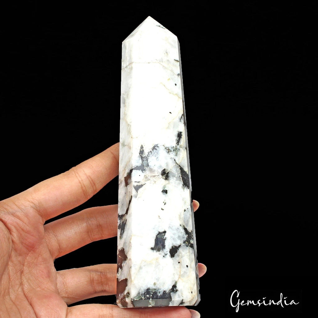 374g Large White Rainbow Moonstone Crystal Obelisk Tower Point Quartz Healing
