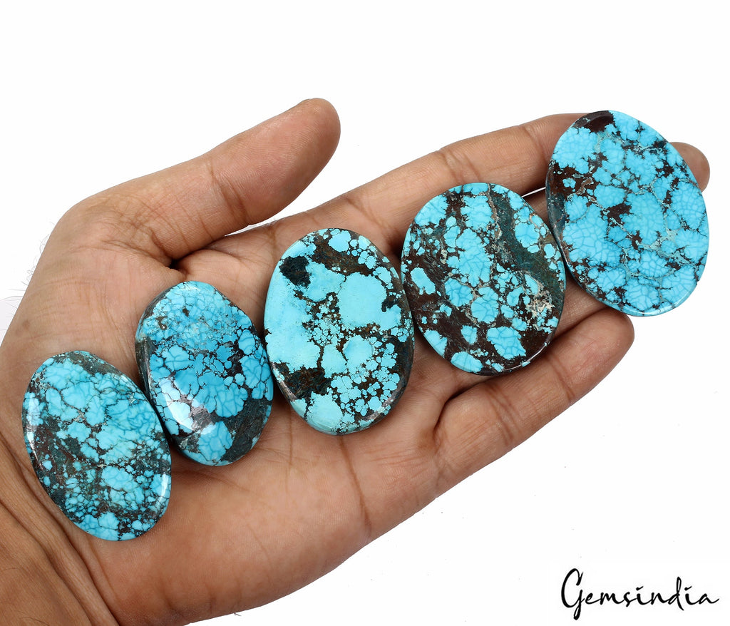 470 Ct Natural Spiderweb Blue Turquoise Oval Cabochon Loose Gemstone Lot 5  Pcs