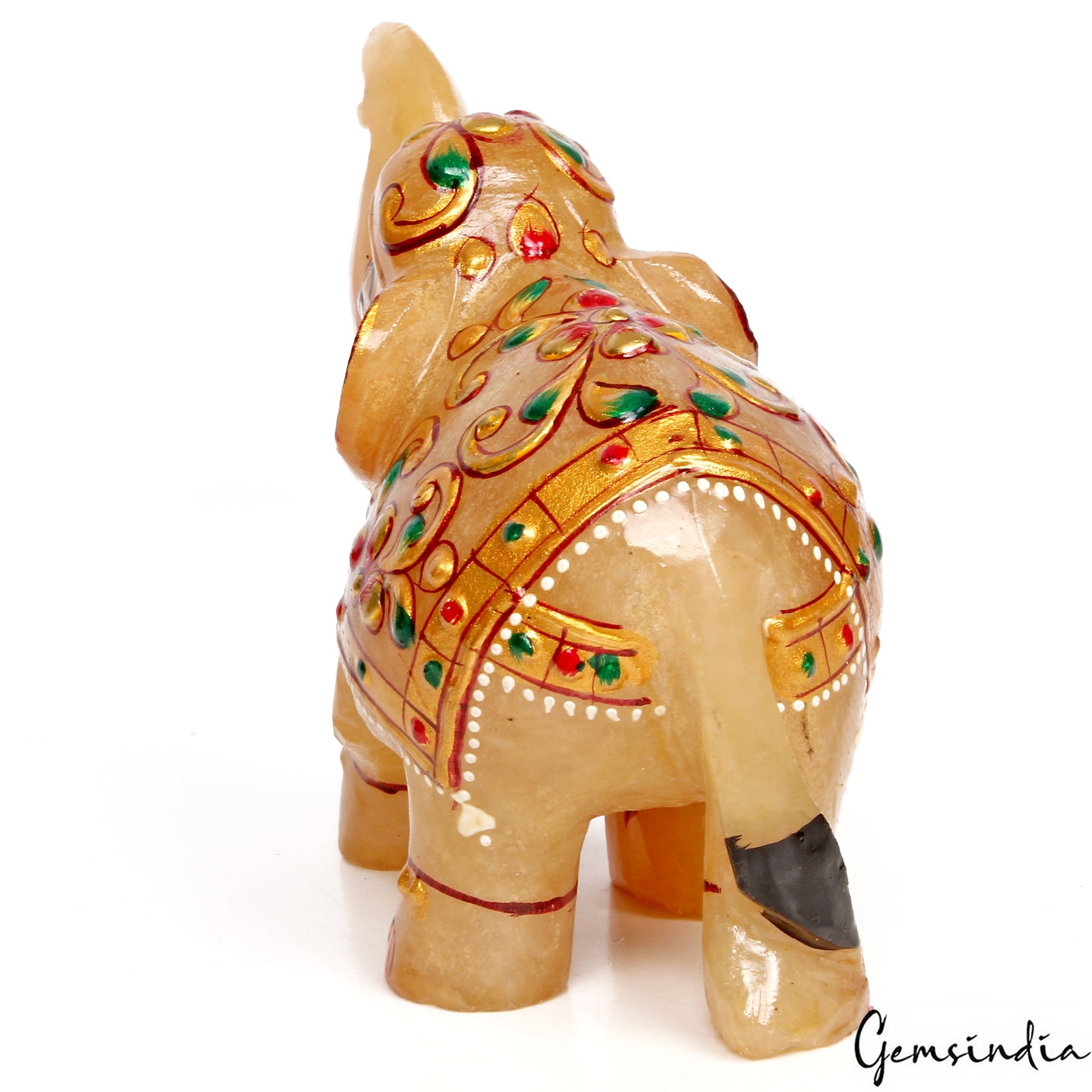 1160 Ct Hand Crafted Gold Painted Trunk Up Elephant Natural Aventurine Sculpture