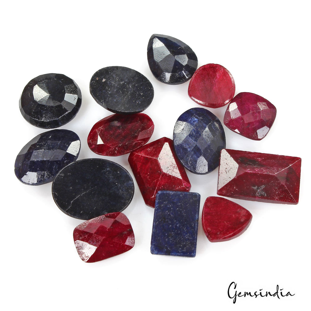 Certified 157.20 Cts/14 Pcs Natural Red Ruby Blue Sapphire Mix Checker Cut Gems