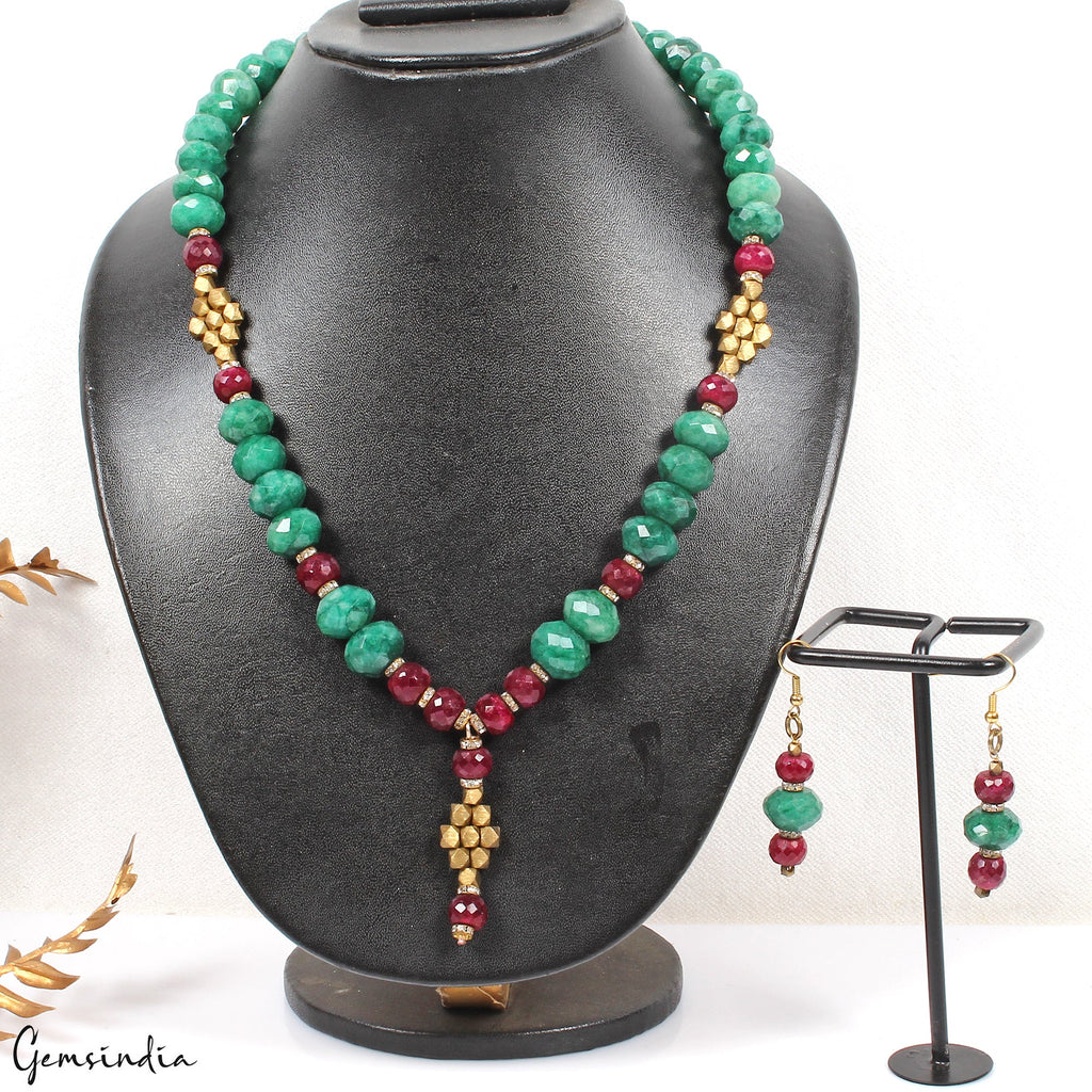 666.80Ct Natural Ruby & Emerald Handmade Designer Women Necklace 20" w/ Earring