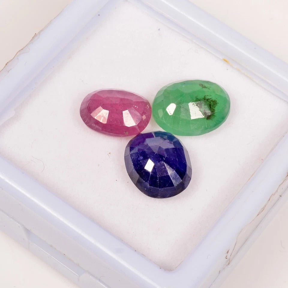 Certified 12 Ct/3 Pcs Natural Red Ruby Green Emerald Blue Sapphire Oval Cut Gems