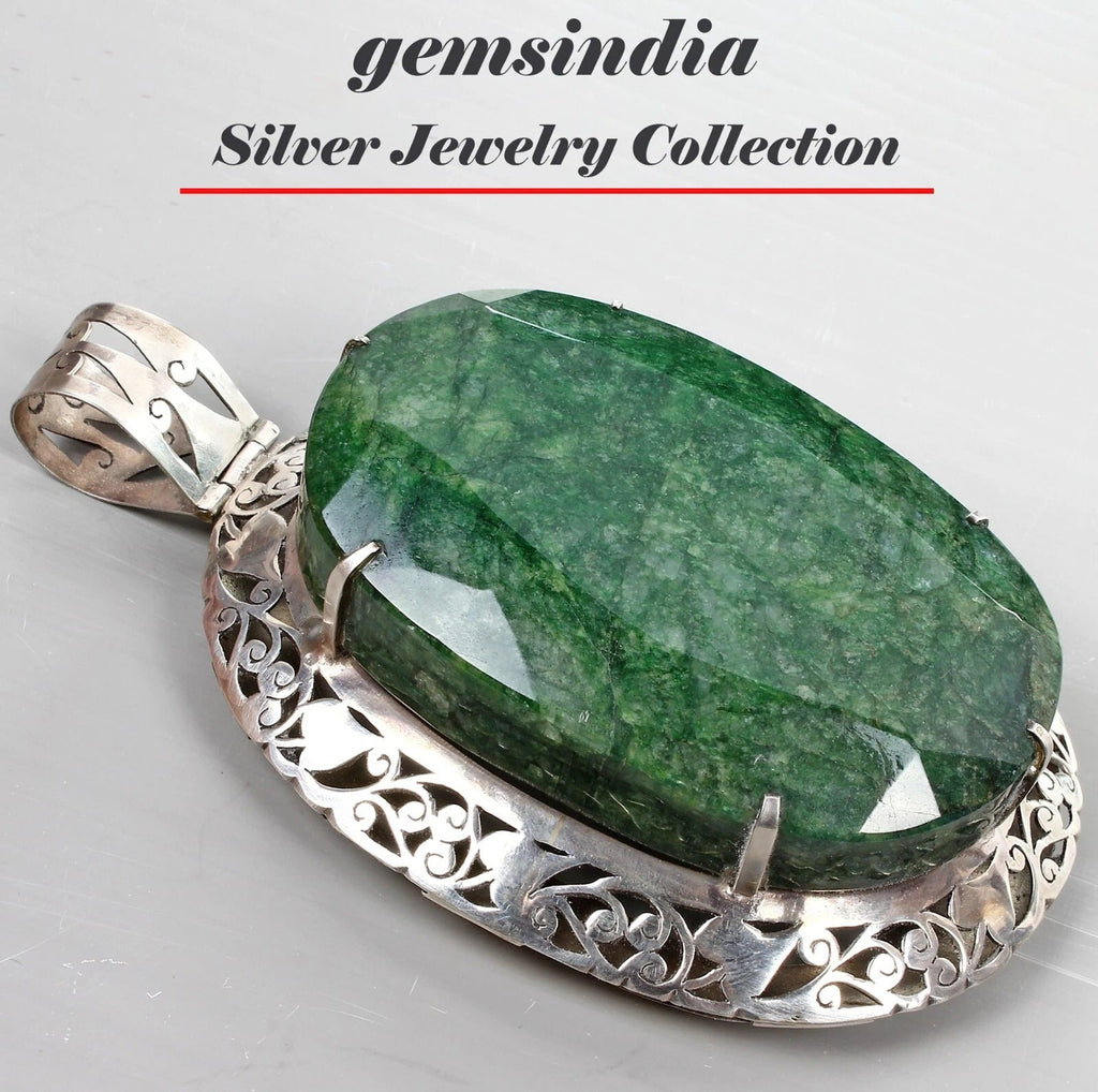 274gm 925Sterling Silver Carving Masterpiece Emerald Oval Gem King Size Pendant