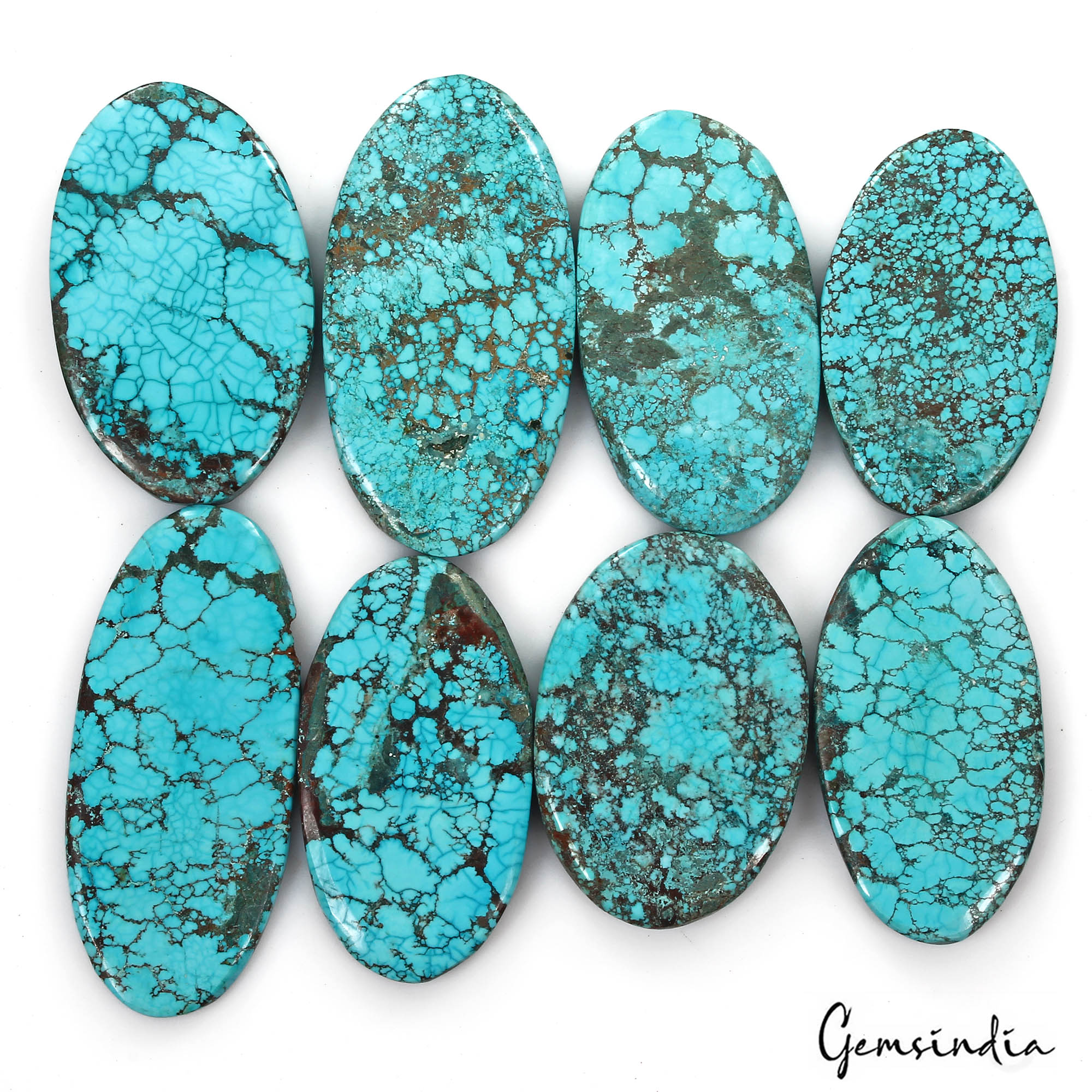 700 Cts/8 Pcs Natural Spiderweb Blue Turquoise Oval Cab Loose Gems For Pendants