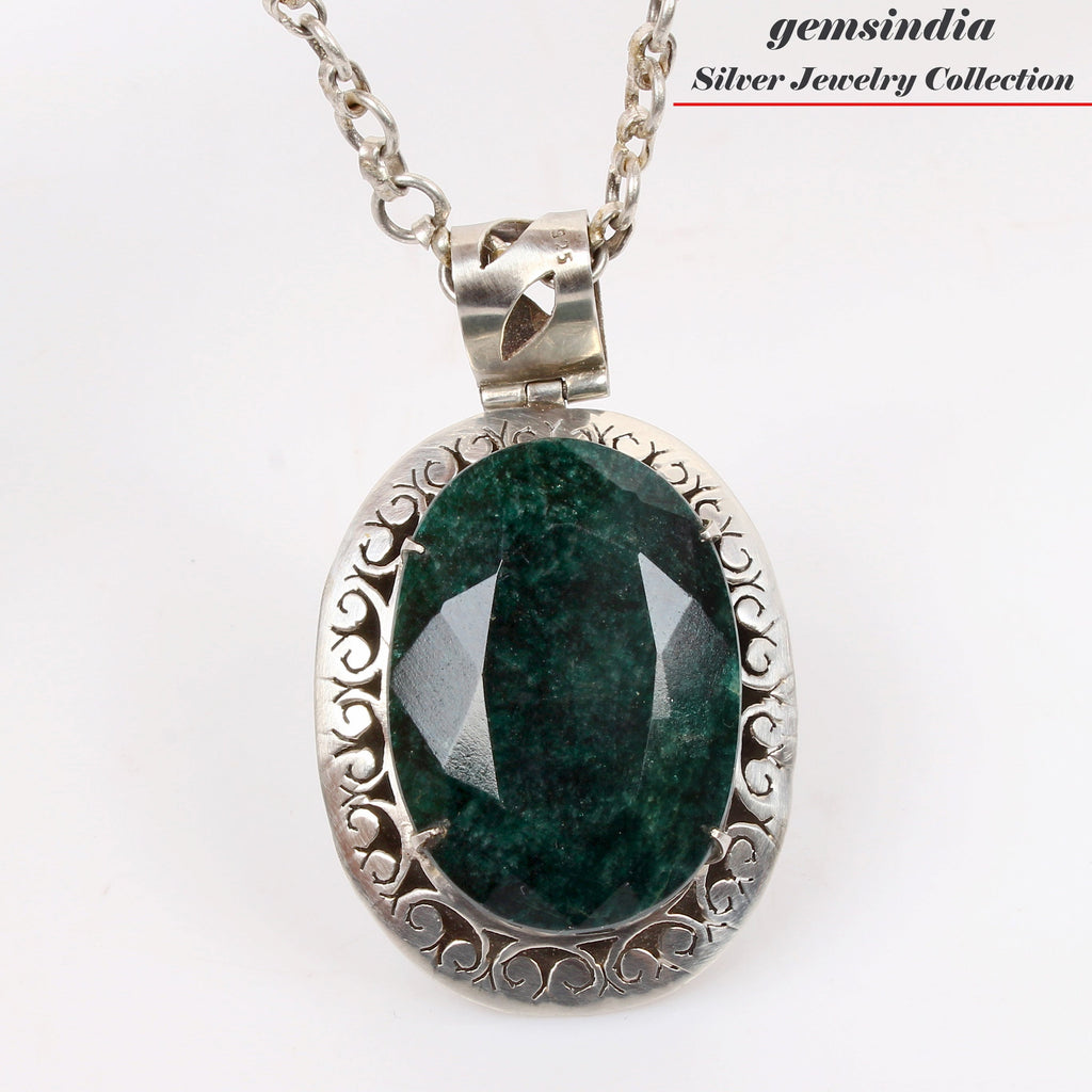 38.87 Gms Certified Natural Emerald Huge 925 Sterling Silver Exquisite Pendant