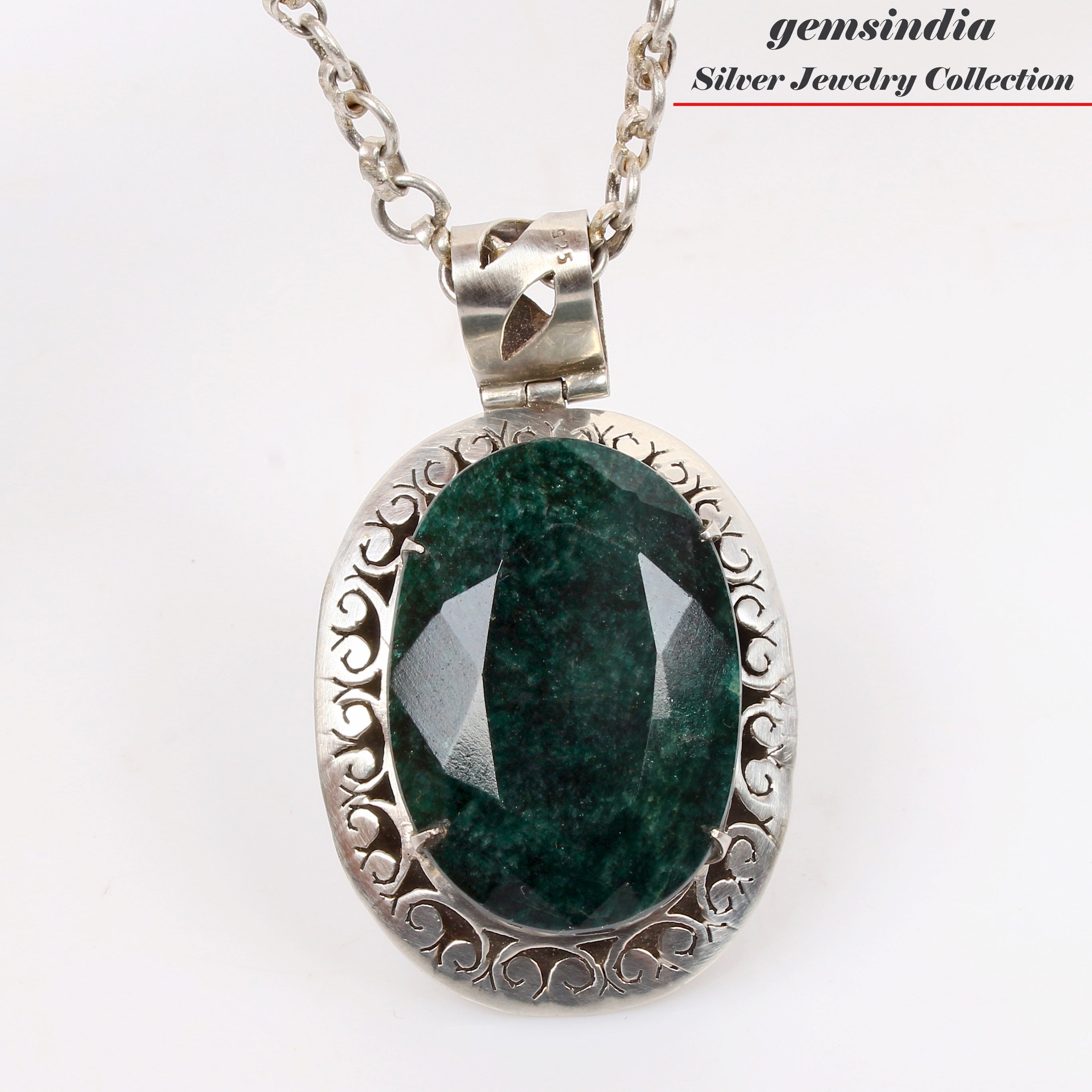 38.87 Gms Certified Natural Emerald Huge 925 Sterling Silver Exquisite Pendant