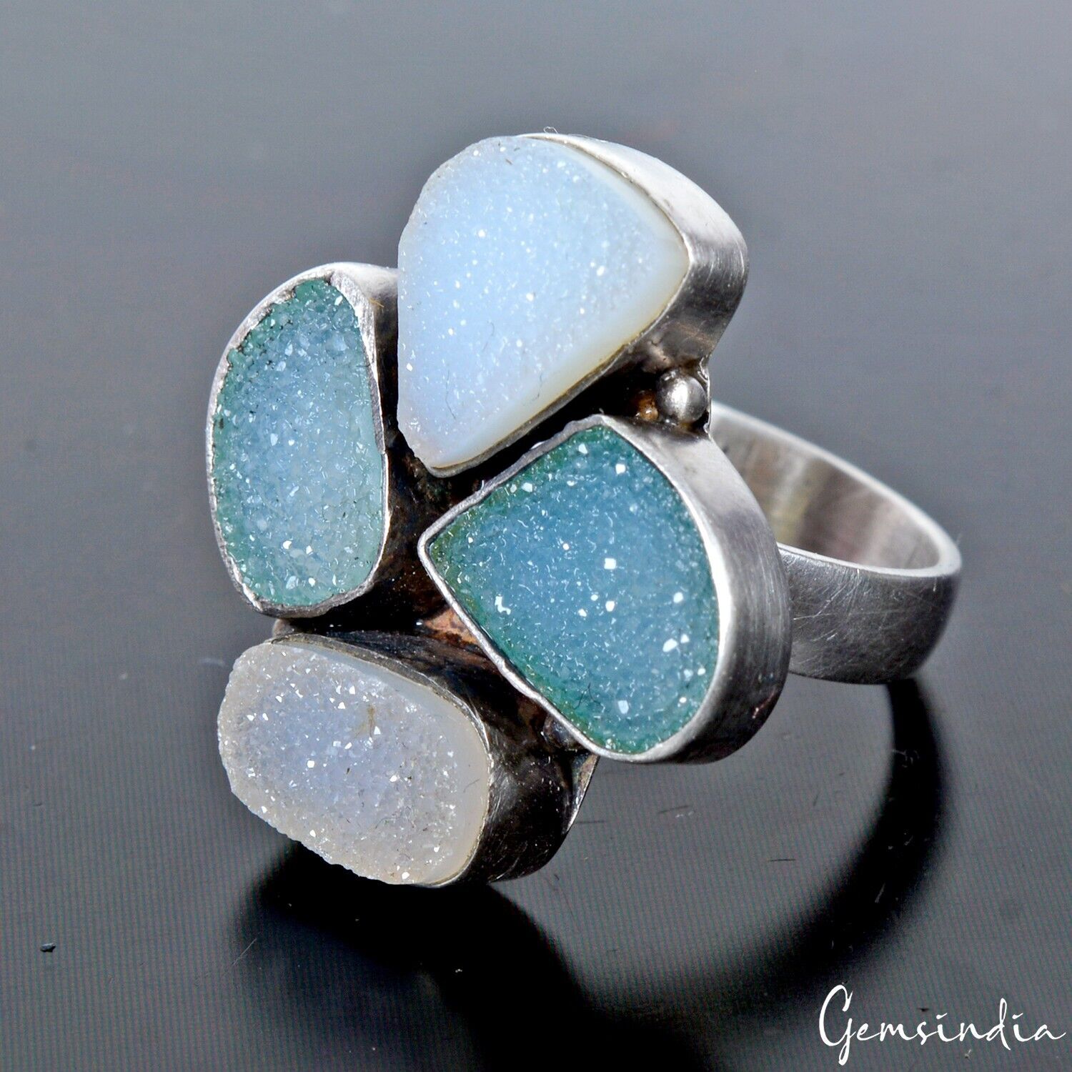 Onyx Drusy Sterling Silver Ring, Untreated, Silver — Size 6.5 US, 45.00 Ct (9.00 g)