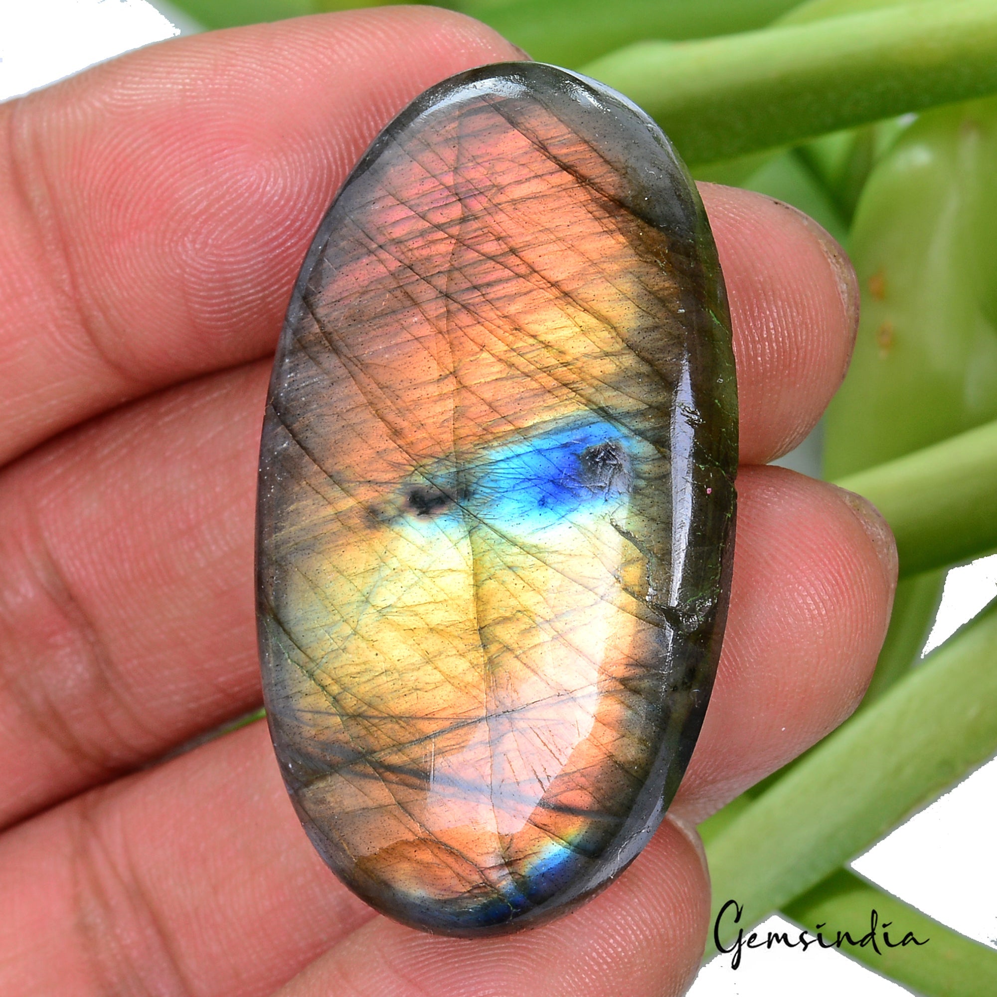 74.20 Ct Natural Peach Pink Blue Labradorite Oval Cab Certified Loose Gemstone