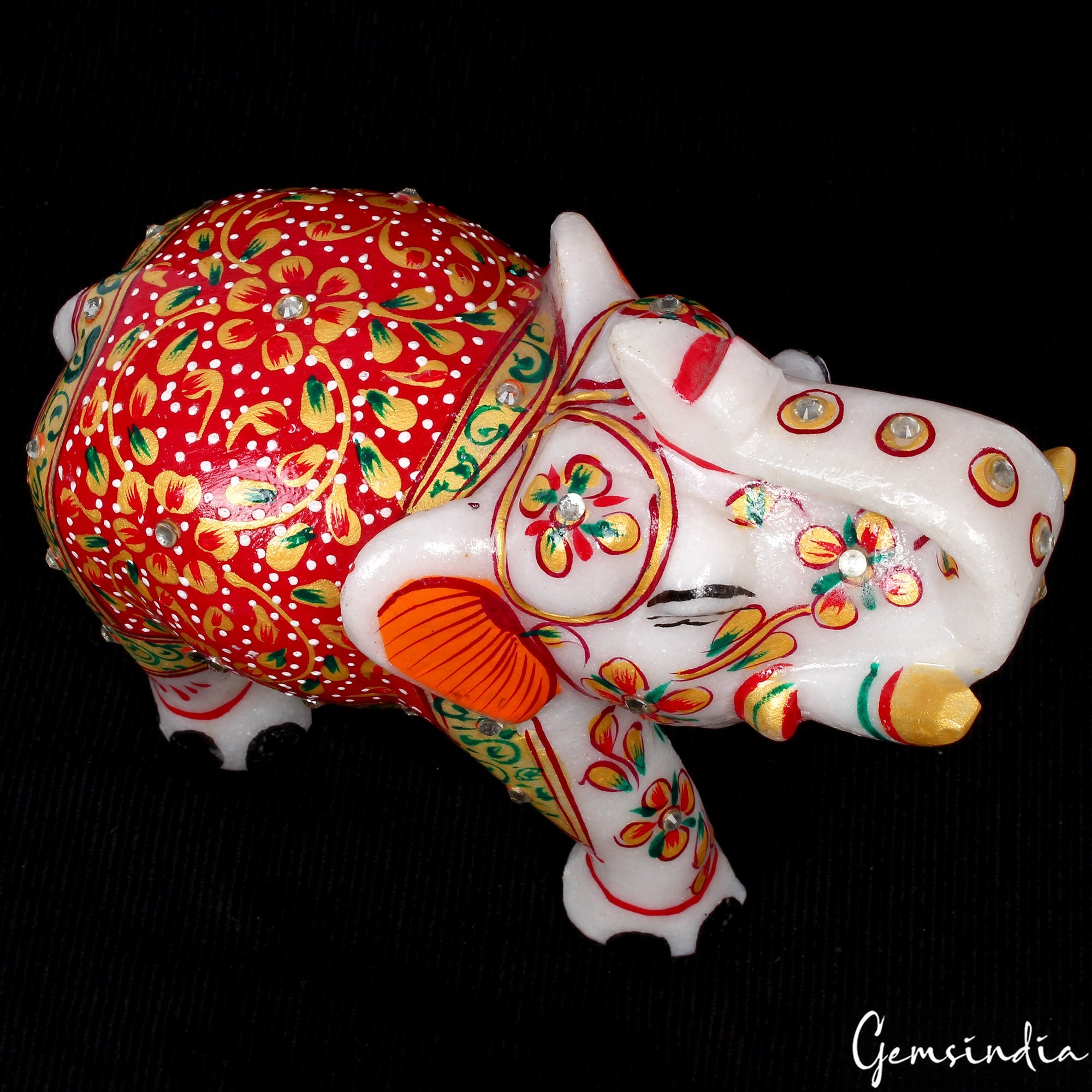 1.6 Kg Marble Elephant Statue Trunk Up Hand Paint Indian Art Home Deor Figurine