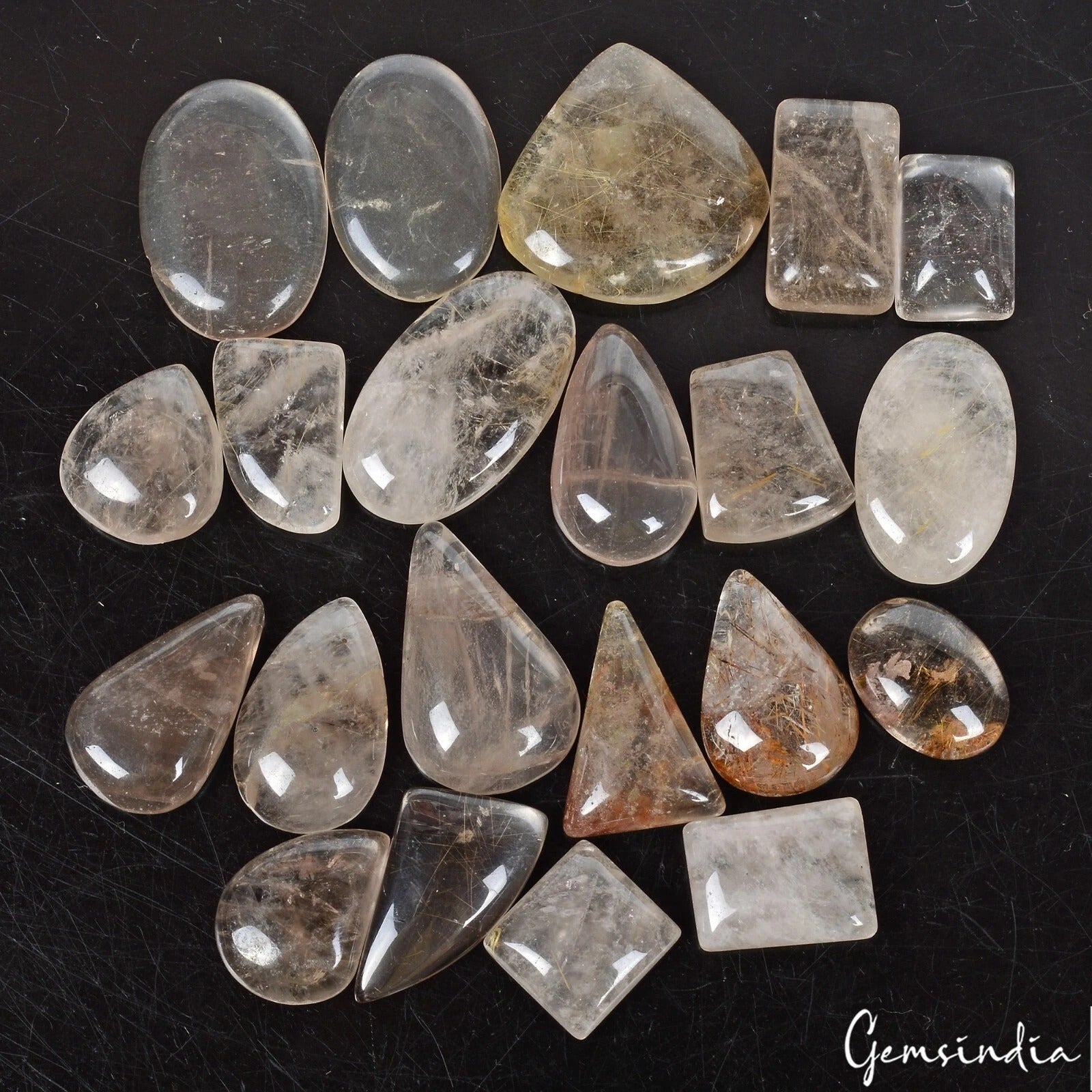 500 Cts/21 Pcs Natural Untreated Gold & Copper Wire Rutile Quartz Mixed Cab Gems