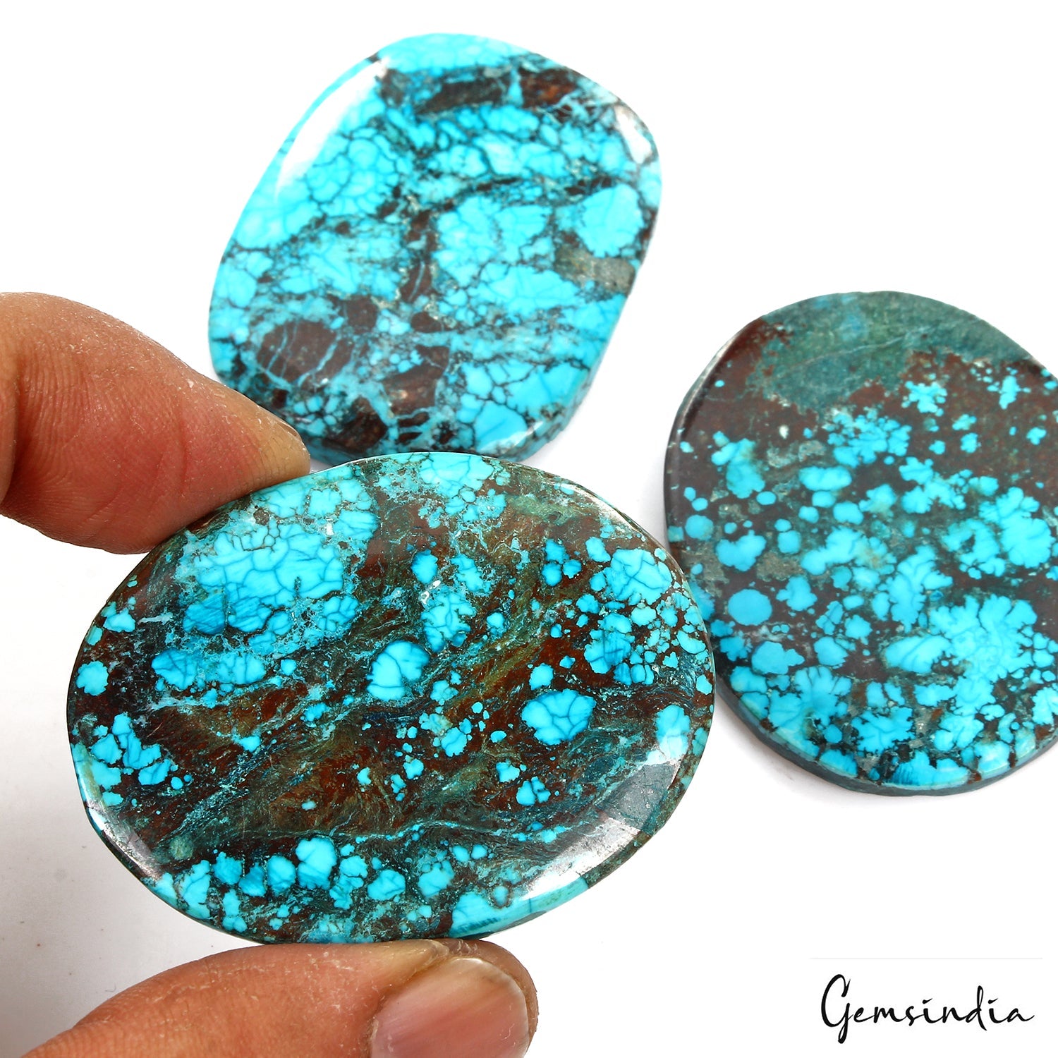350 Ct/3 Pcs Natural Spiderweb Blue Turquoise Oval Cabochon Loose Gemstone Lot