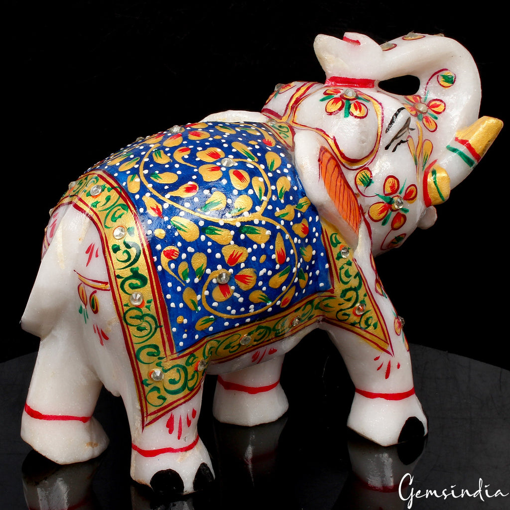 5.2" White Marble Elephant Statue Indian Handmade Home Decor Sculpture ~ 1.6 Kg