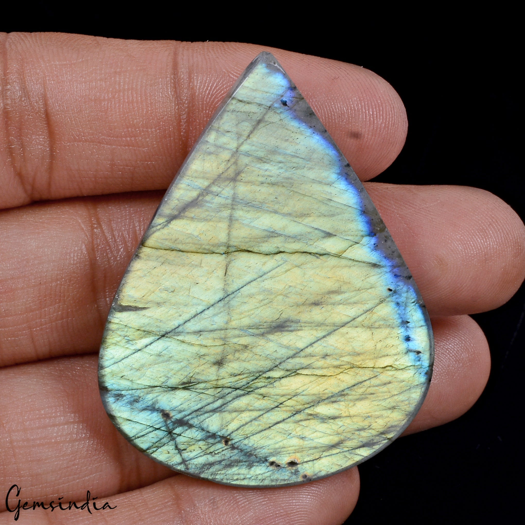 117.70 Cts Natural Untreated Yellow Green Labradorite Pear Cab Gem For Pendant