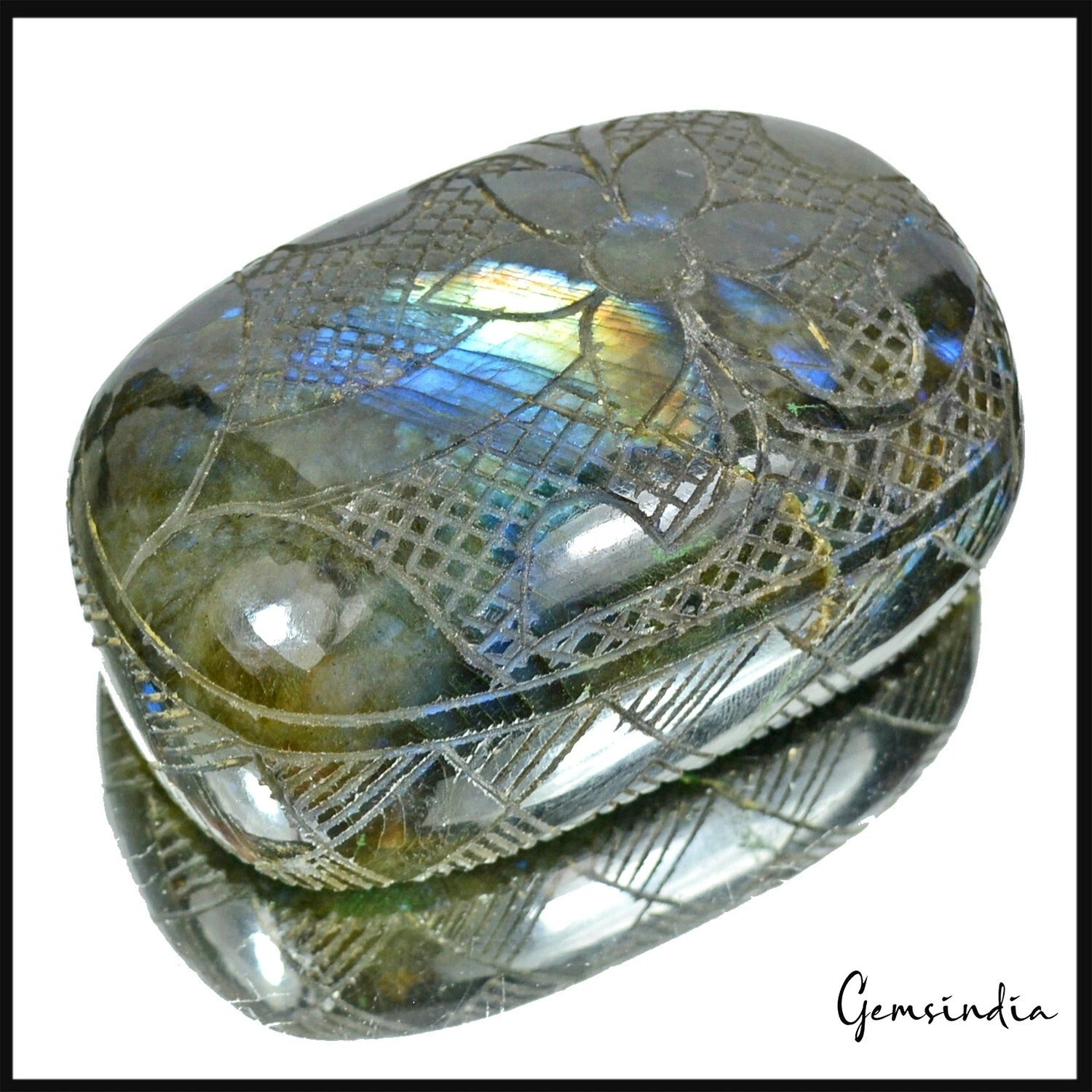 2520 Cts Natural Labradorite Blue Shine Oval Shape Floral Hand Carving Gemstone