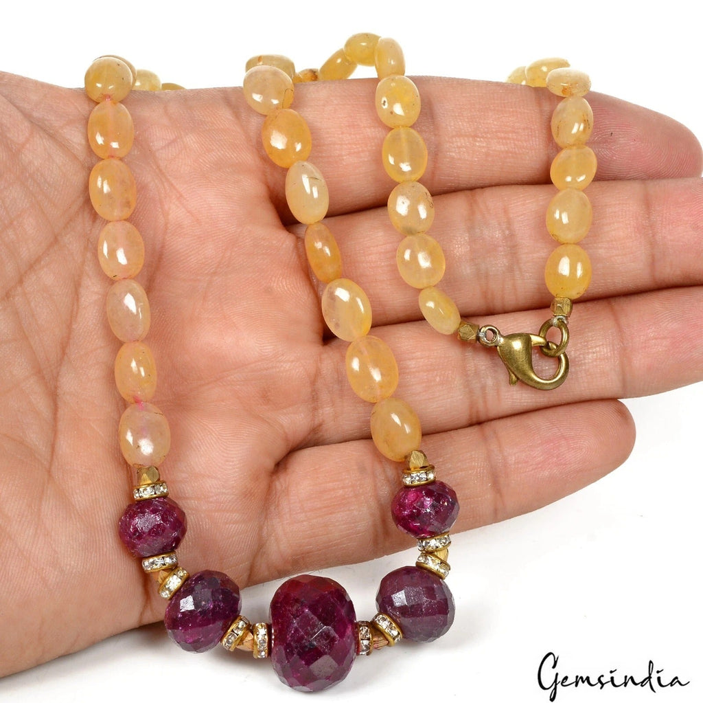 18" Long Natural Ruby Quartz Gemstone Beaded Handmade Women Necklace Jewelry
