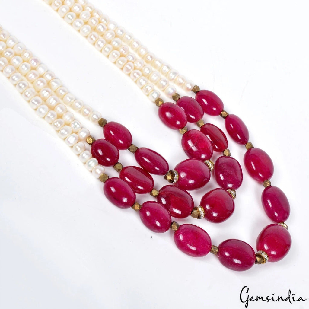 Handmade Freshwater Pearl & Red Quartz Gems Beads 3 Strand Designer Necklace 21"