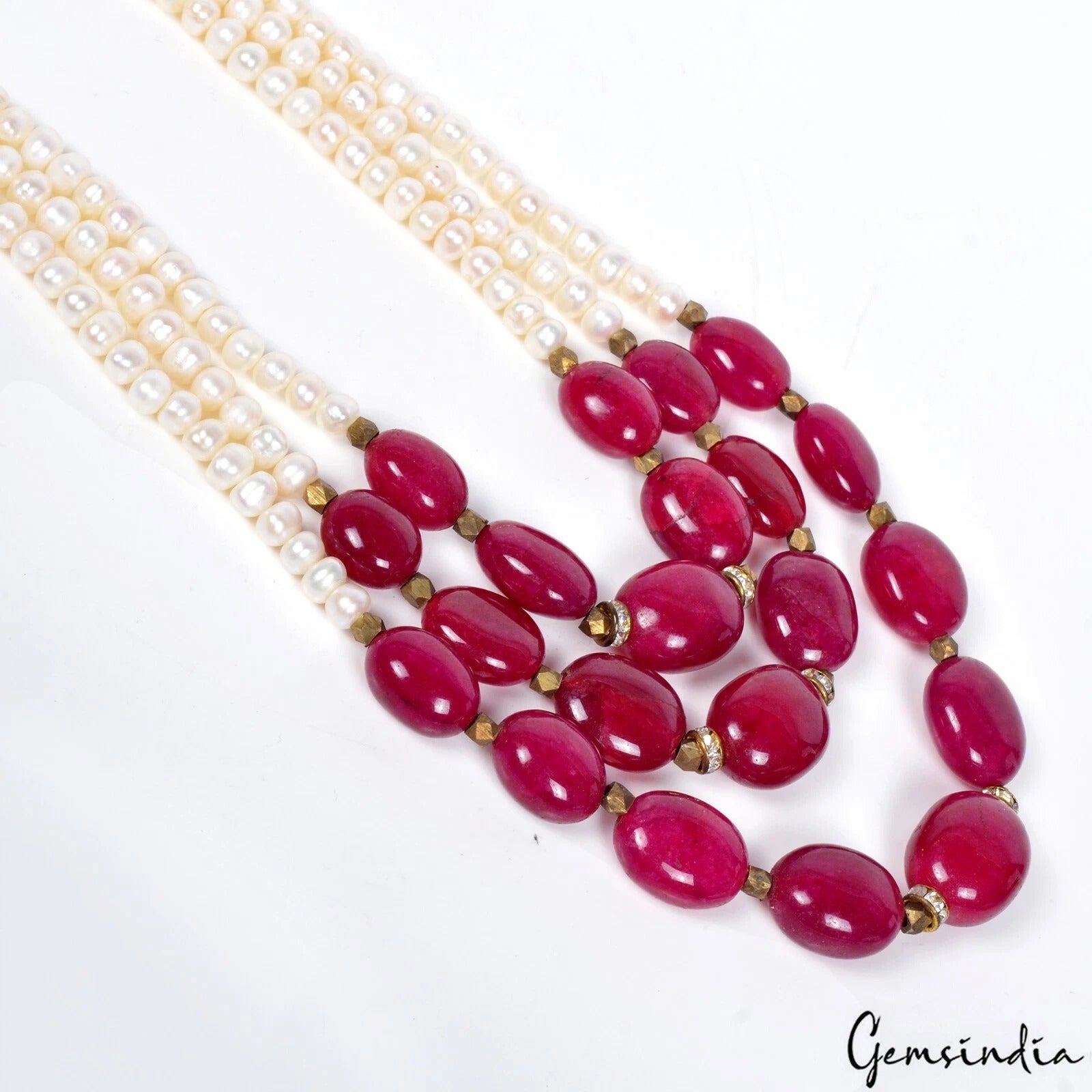 Handmade Freshwater Pearl & Red Quartz Gems Beads 3 Strand Designer Necklace 21"