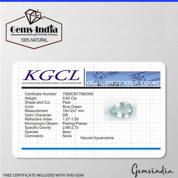 9.60 Ct Natural Santa Maria Green Aquamarine Pear Cut Loose Gemstone Certified