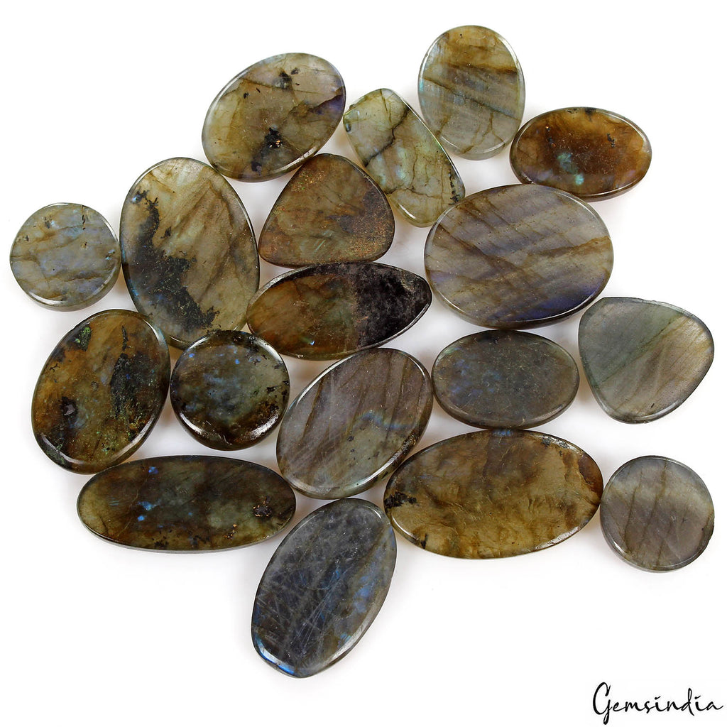 Labradorite Lot, Cabochon, Pear, Oval, Round & Trillion — 18 Pieces, 19mm to 37mm, 580 Ct