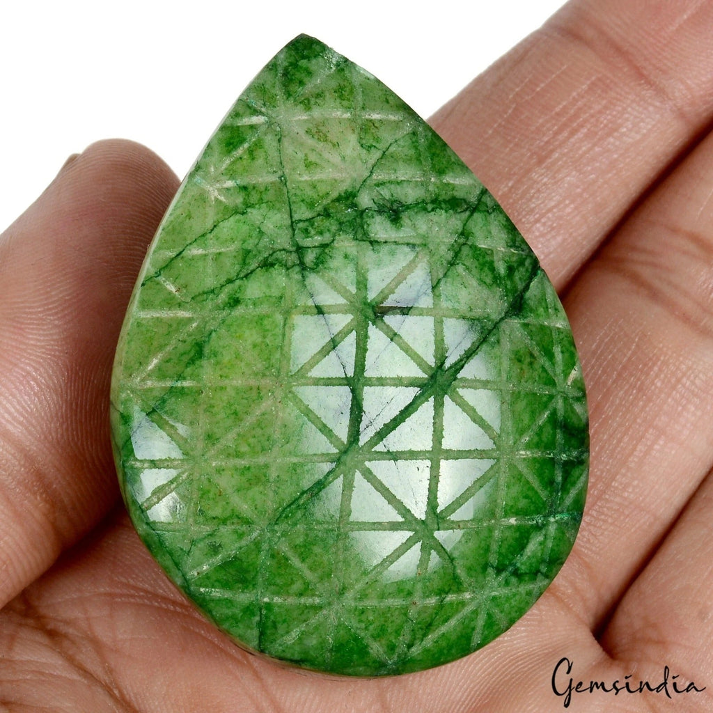 Certified 260 Cts Natural Brazilian Top Green Emerald Pear Hand Carved Loose Gem
