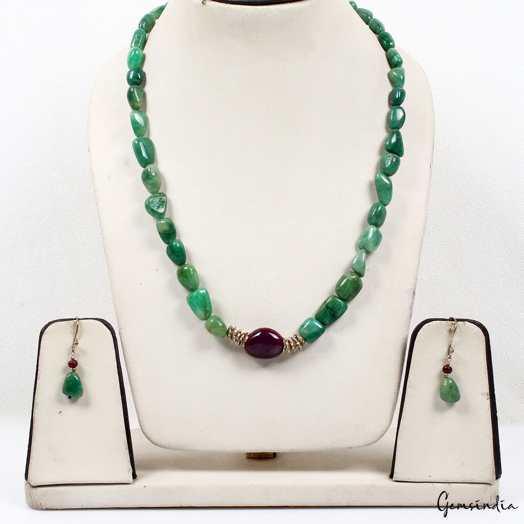 325 Ct Natural Emerald Ruby Tumble Cab Beaded Handmade Necklace with Earrings