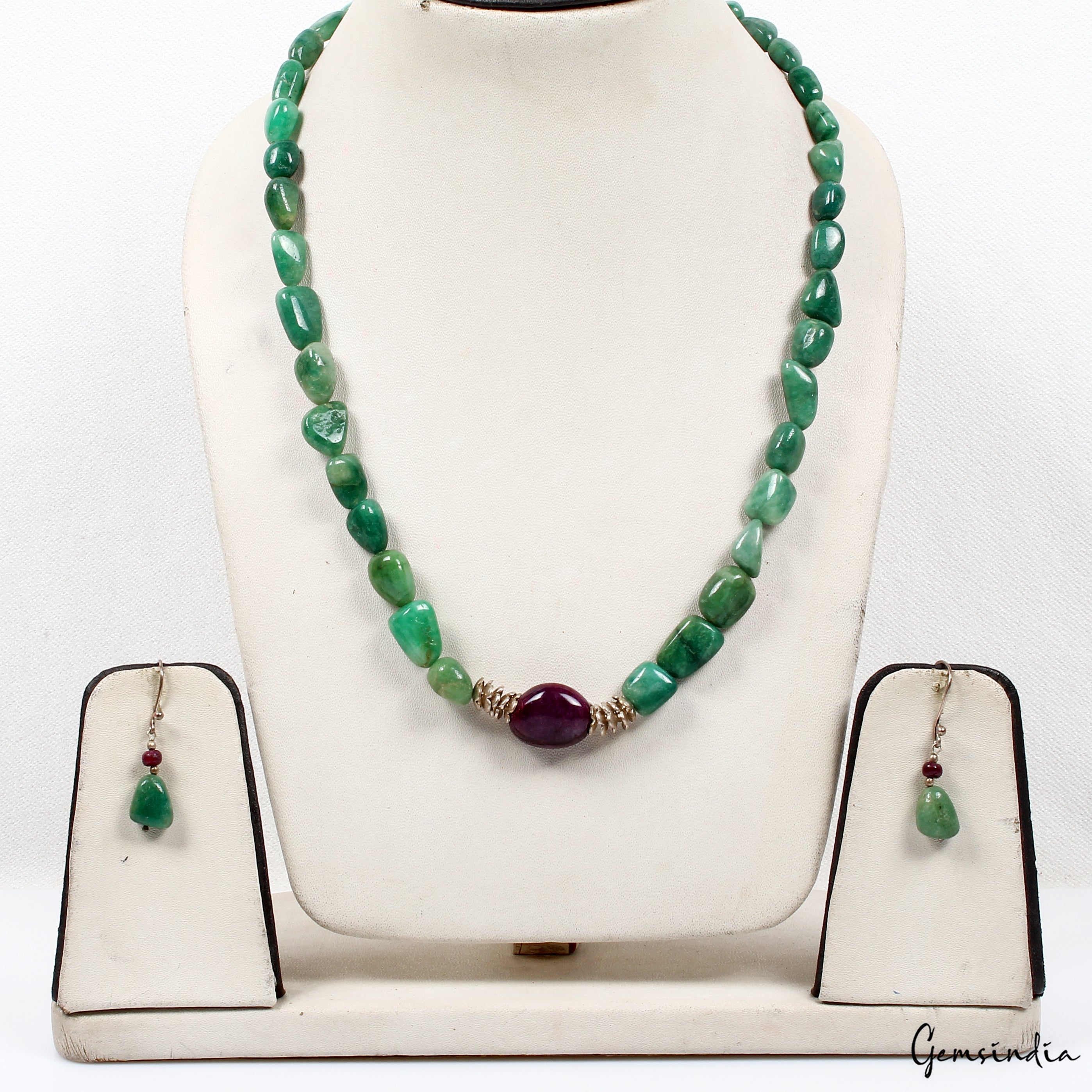 325 Ct Natural Emerald Ruby Tumble Cab Beaded Handmade Necklace with Earrings
