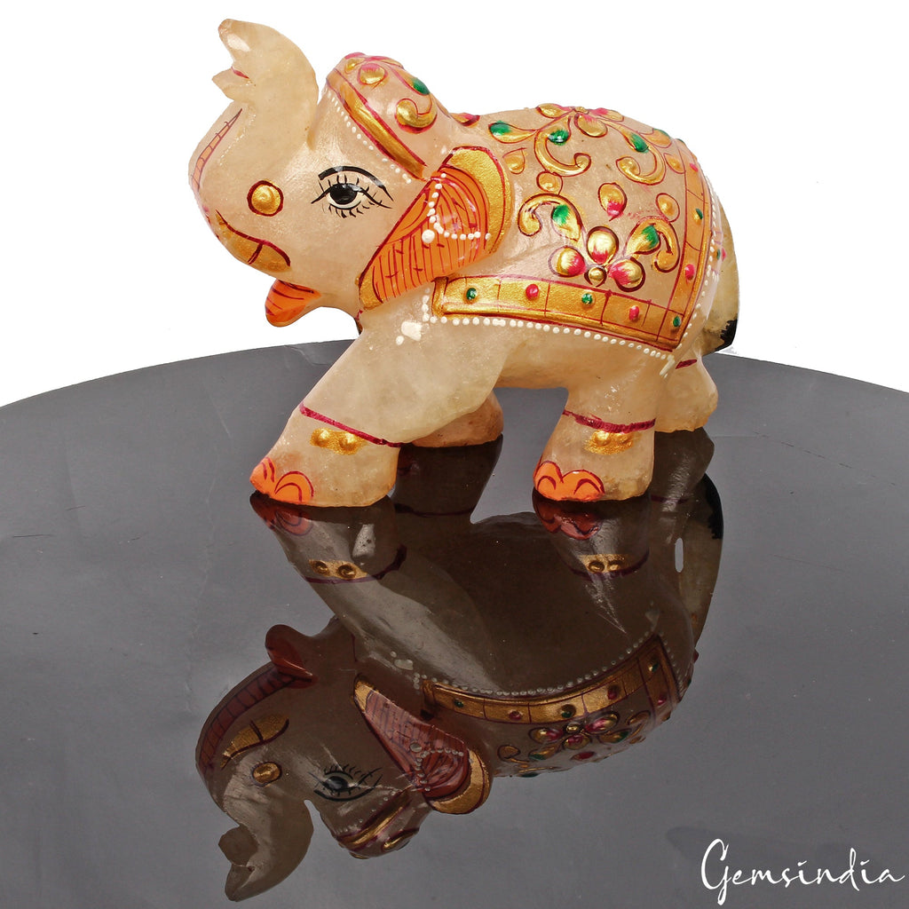 1830 Ct Hand Crafted Gold Painted Trunk Up Elephant Natural Aventurine Sculpture