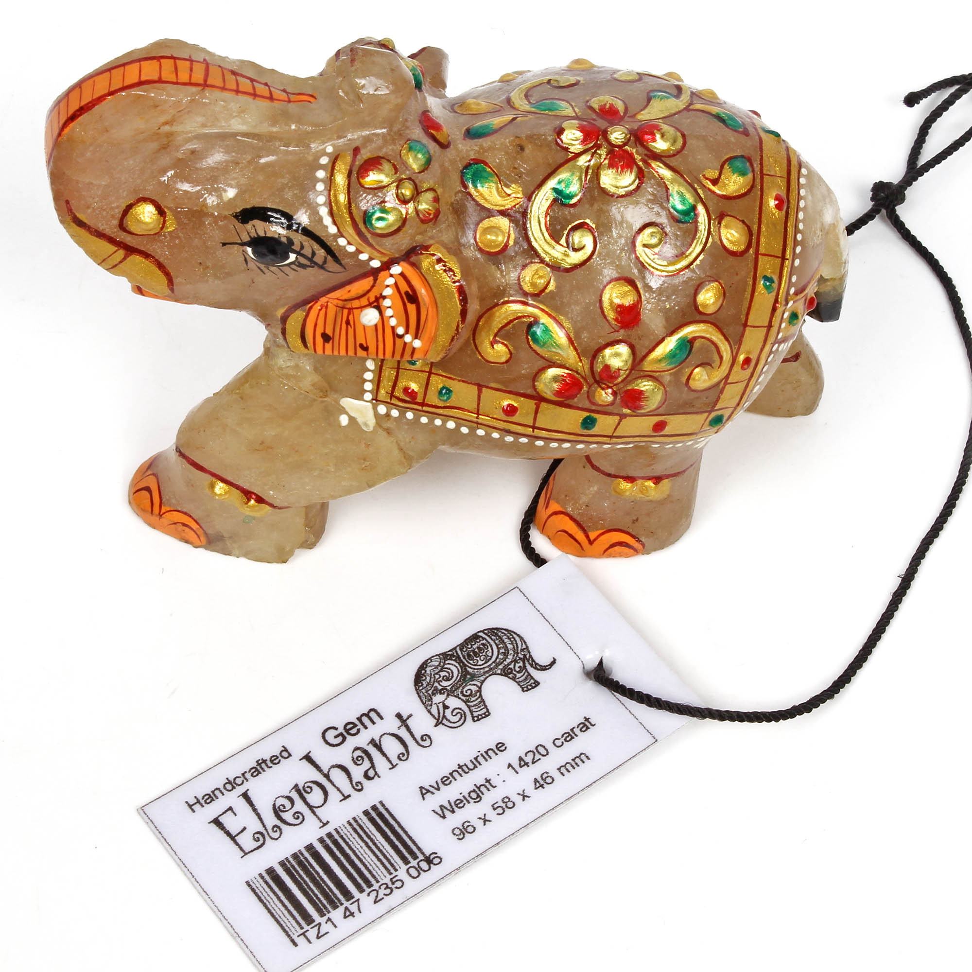 Hand Crafted Gold Painted Trunk Up Elephant 1420 Ct Natural Aventurine Sculpture